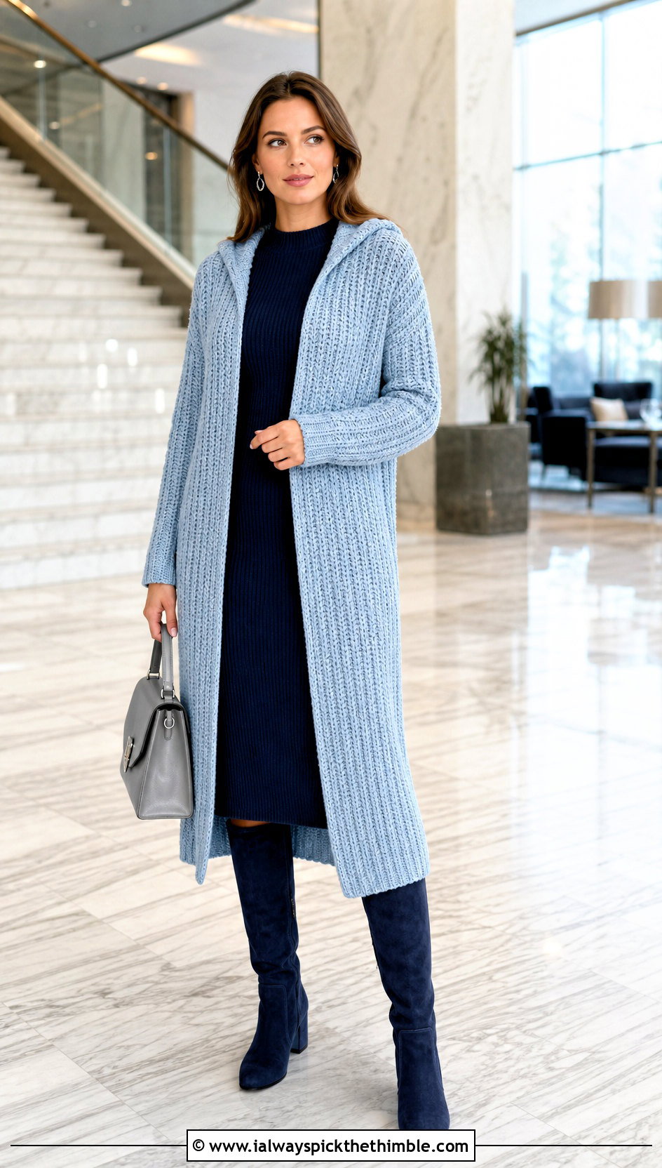 Ribbed Long Hooded Cardigan With Knit Dress - 20 crochet long hooded cardigan outfit ideas