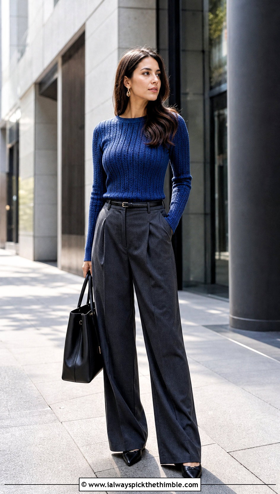 Ribbed Long Sleeve Crochet Top With Wide Leg Trousers - 25 crochet fall top outfit ideas