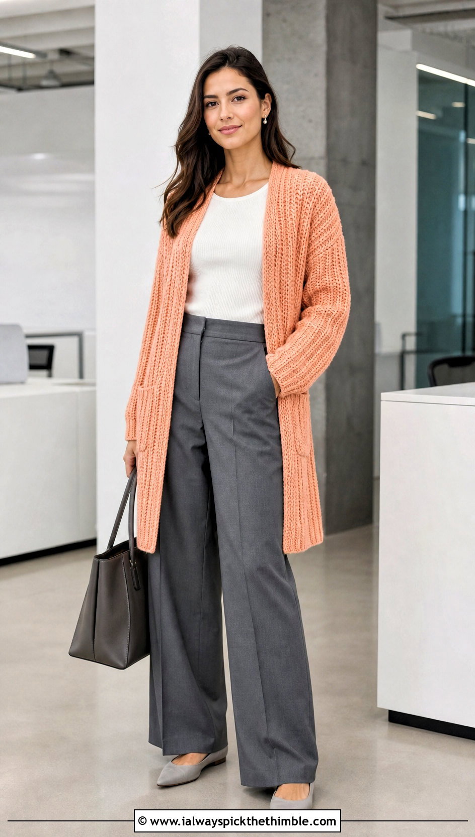Ribbed Longline Sofa Crochet Sweater With Tailored Trousers - 15 sofa crochet sweater outfit ideas