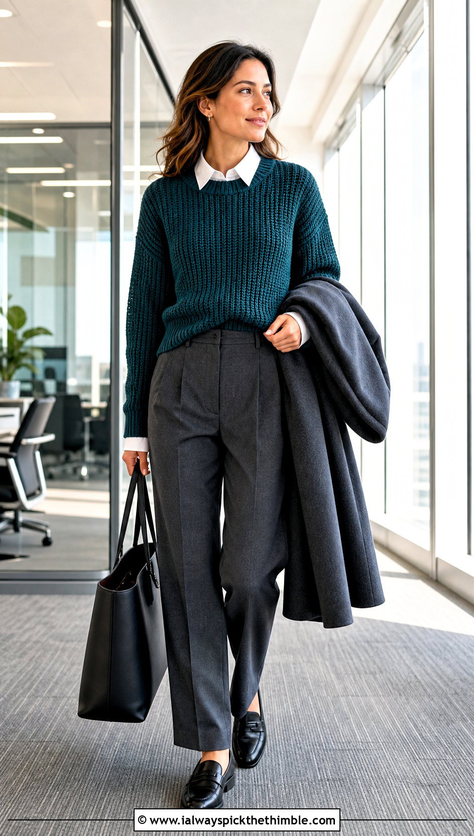 Ribbed Look Crochet Sweater With Tailored Office Pants - 15 Super Slouchy Crochet Sweater outfit ideas