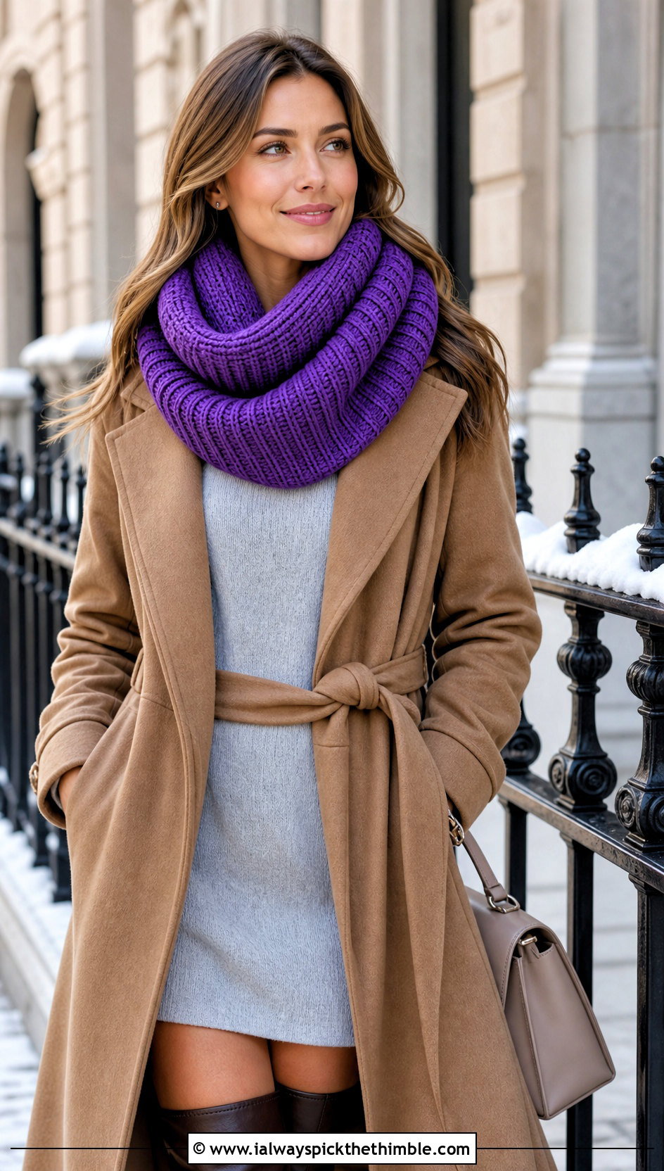 Ribbed Loop Roll Up Scarf With Sweater Dress And Boots - 20 Crochet Roll Up Scarf outfit ideas
