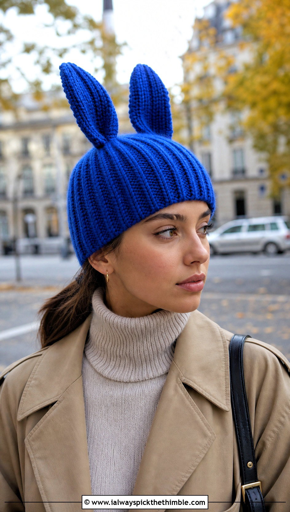 Ribbed Louise Crochet Bunny Ear Beanie With Trench Coat - 20 Louise Crochet Hat outfit ideas