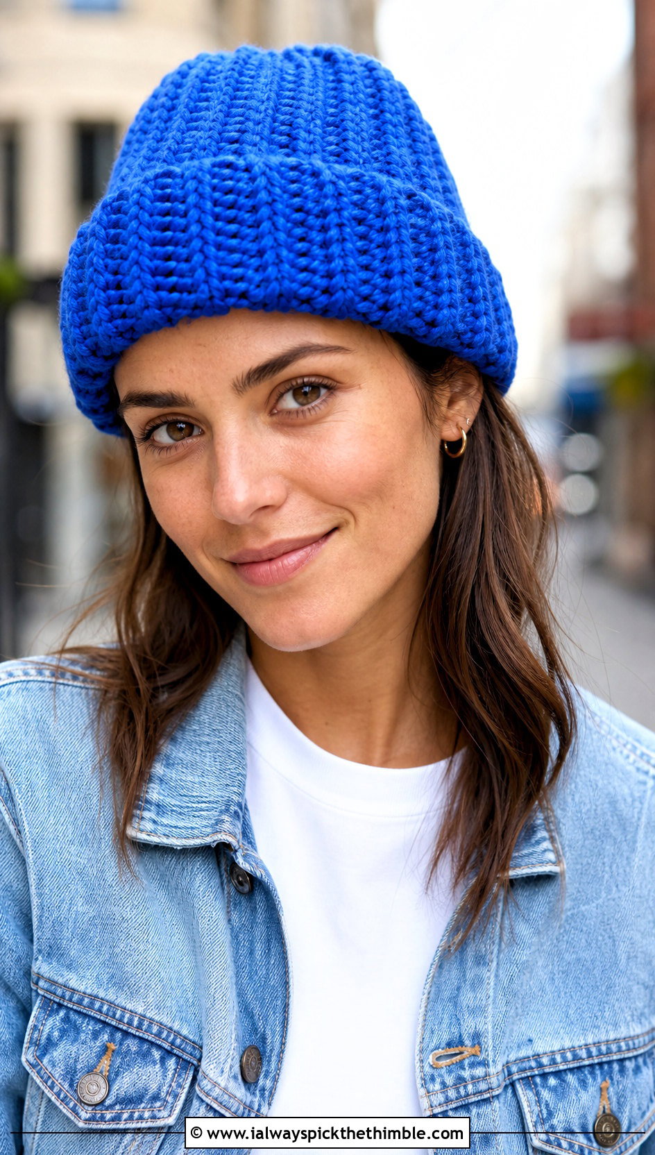 Ribbed Magic Circle Crochet Beanie With Denim Jacket - 20 Magic Circle Crochet Hat outfit ideas