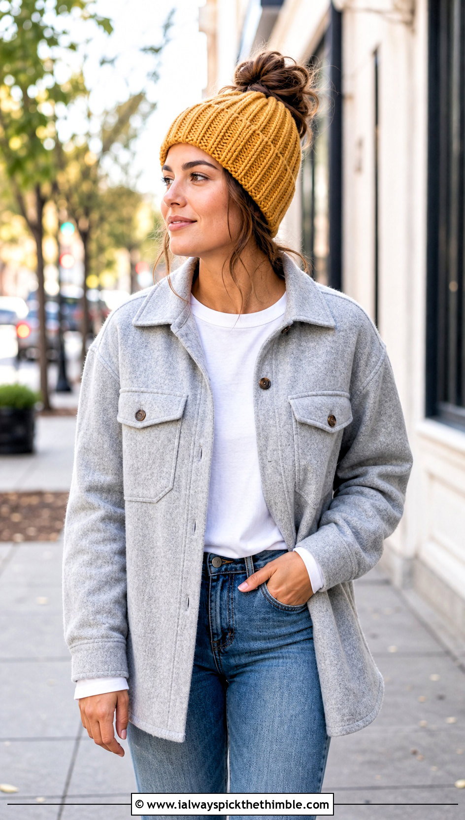 Ribbed Messy Bun Beanie With Straight Leg Jeans - 15 bun crochet hat outfit ideas
