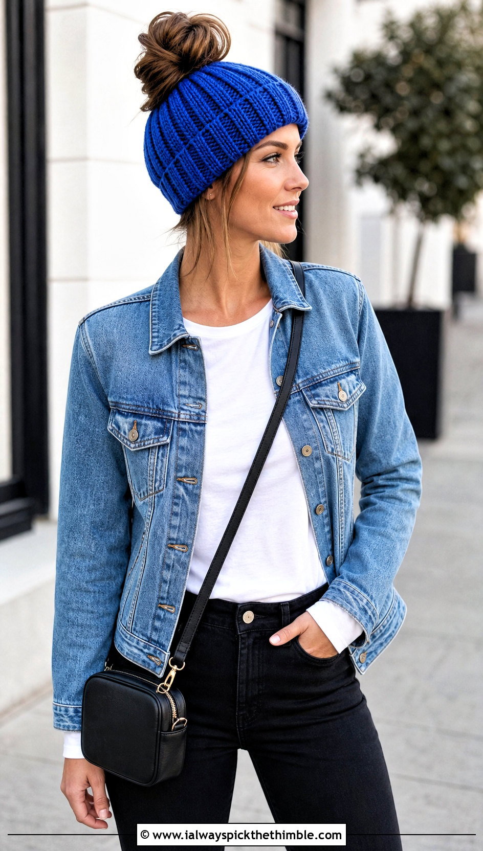 Ribbed Messy Bun Crochet Beanie With Denim Jacket - 20 easy messy bun crochet beanie outfit ideas