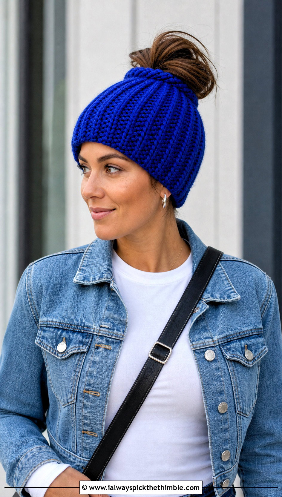 Ribbed Messy Bun Crochet Hat With Denim Jacket - 20 Easy Messy Bun Crochet Hat outfit ideas