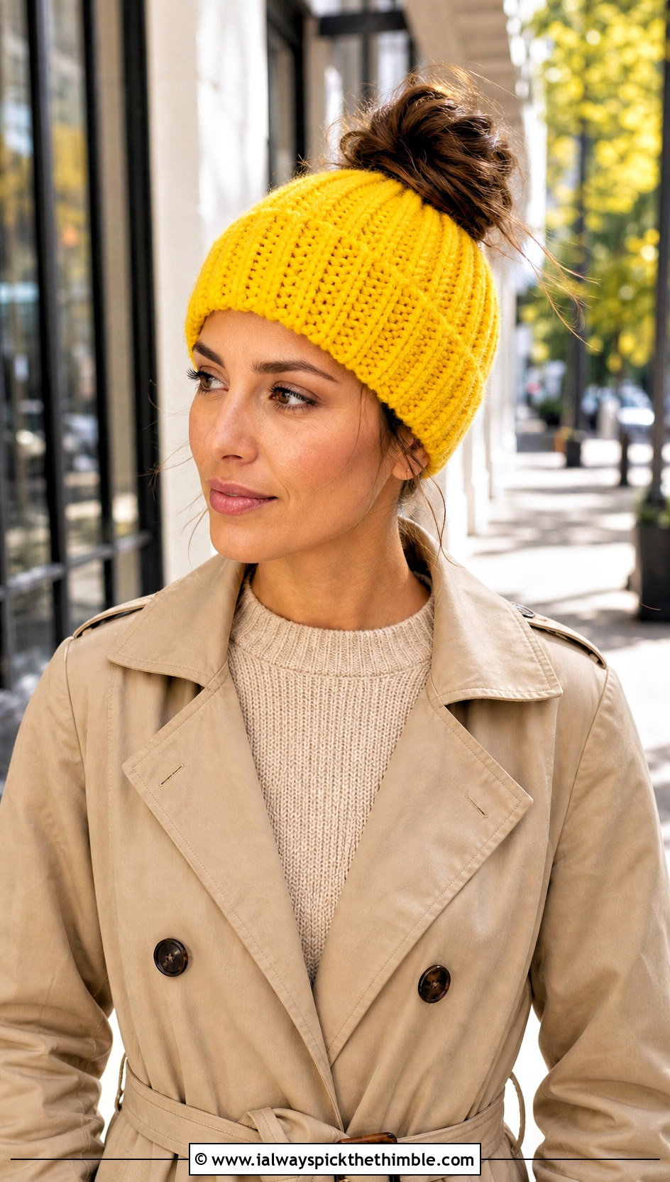Ribbed Messy Bun Crochet Hat With Trench Coat - 20 messy bun crochet hat with hair tie outfit ideas