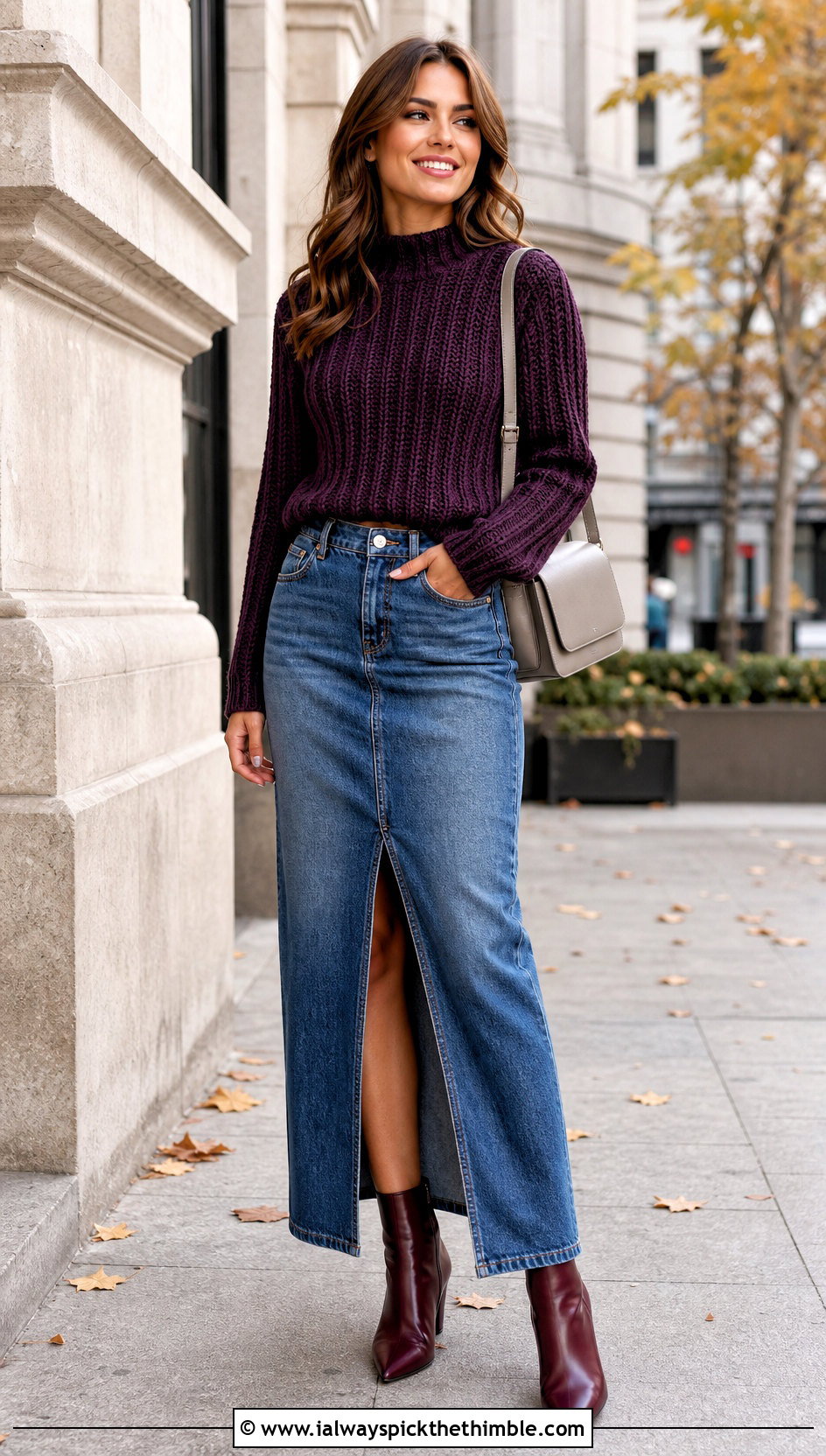 Ribbed Mock Neck Crochet Sweater With Denim Maxi Skirt - 15 Modern Crochet Sweater outfit ideas