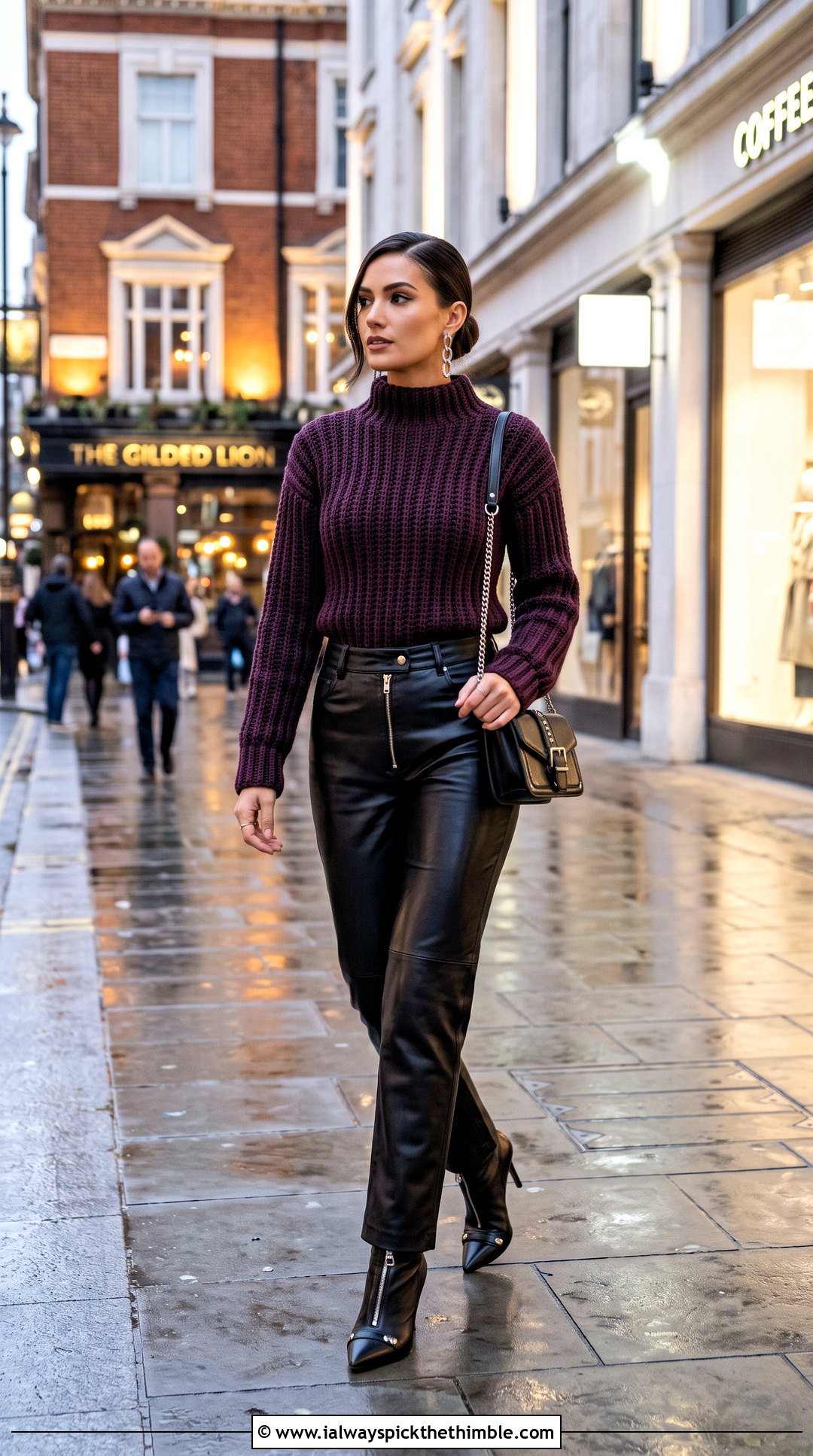 Ribbed Mock Neck Crochet Sweater With Leather Pants - 20 taylor swift crochet sweater outfit ideas