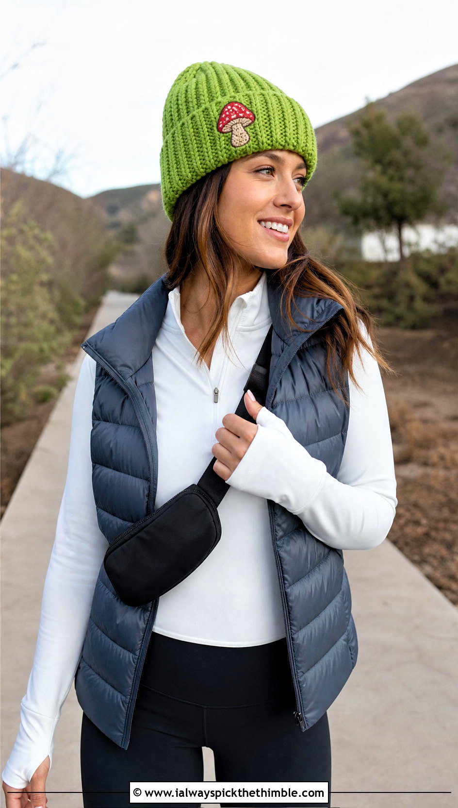 Ribbed Mushroom Beanie With Puffer Vest And Leggings - 20 crochet mushroom beanie outfit ideas
