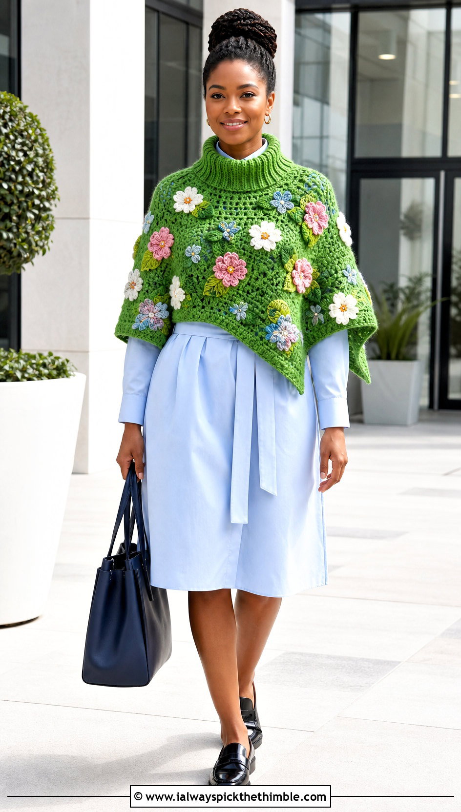 Ribbed Neck Floral Crochet Poncho With Shirt Dress - 20 Crochet Flower Poncho outfit ideas