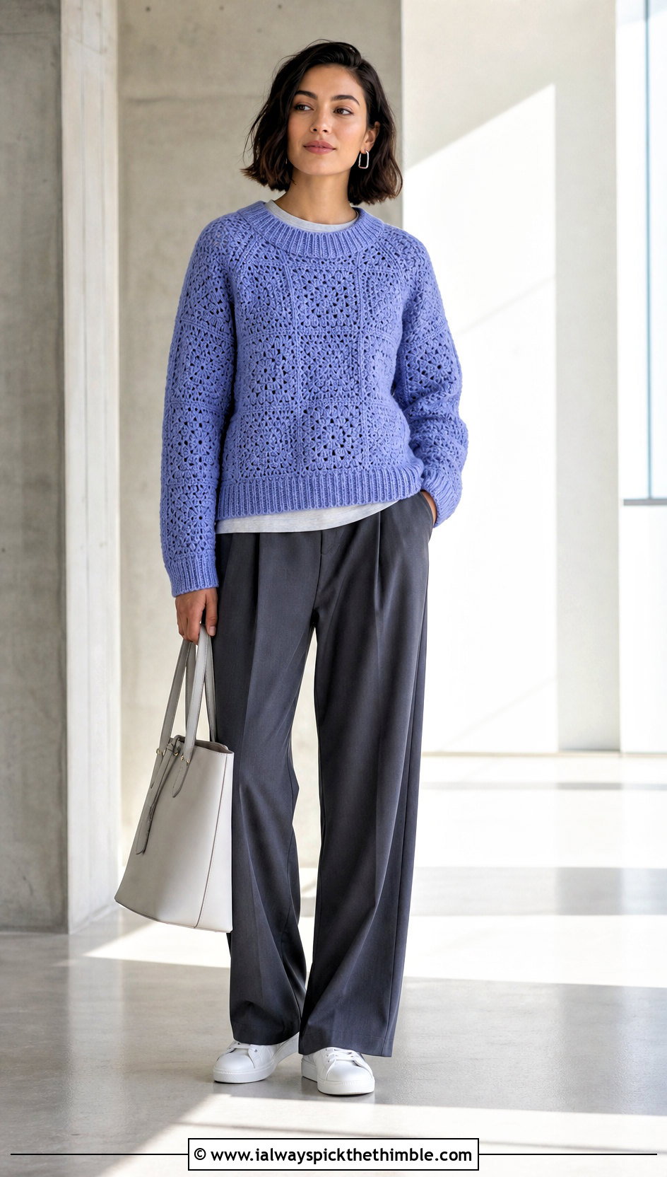 Ribbed Neck Granny Jumper With Pleated Trousers - 20 Crochet Granny Jumper outfit ideas
