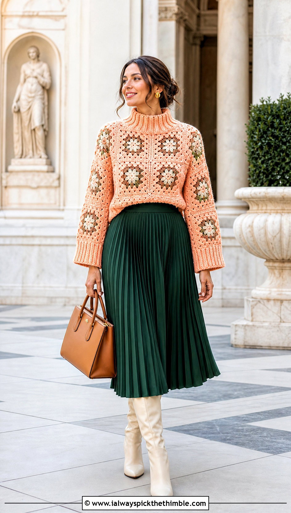 Ribbed Neck Granny Square Pullover Sweater With Pleated Midi Skirt - 25 Granny Square Pullover Sweater outfit ideas