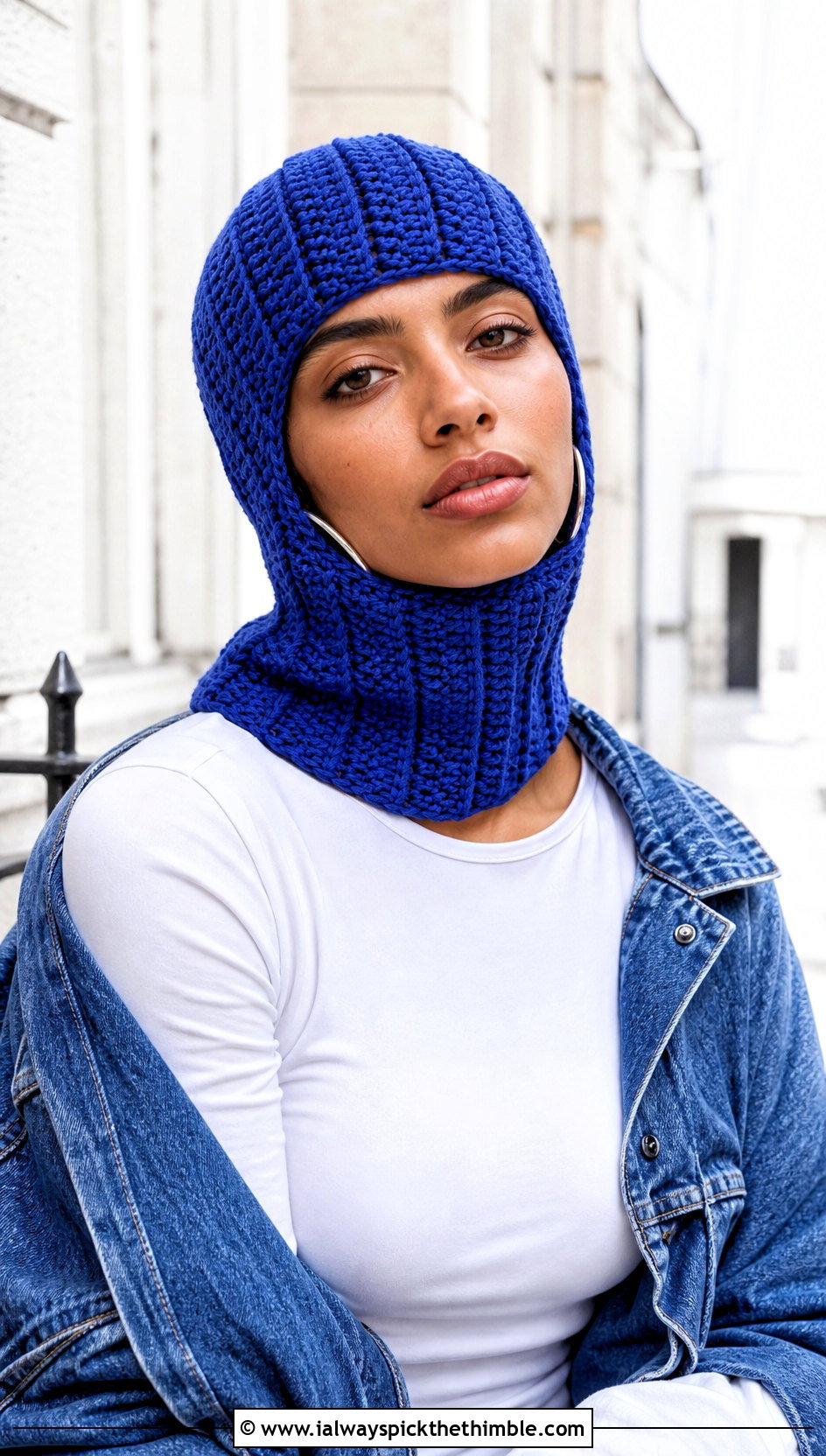 Ribbed Open Face Crochet Balaclava With Denim Jacket - 25 crochet baclava hat outfit ideas