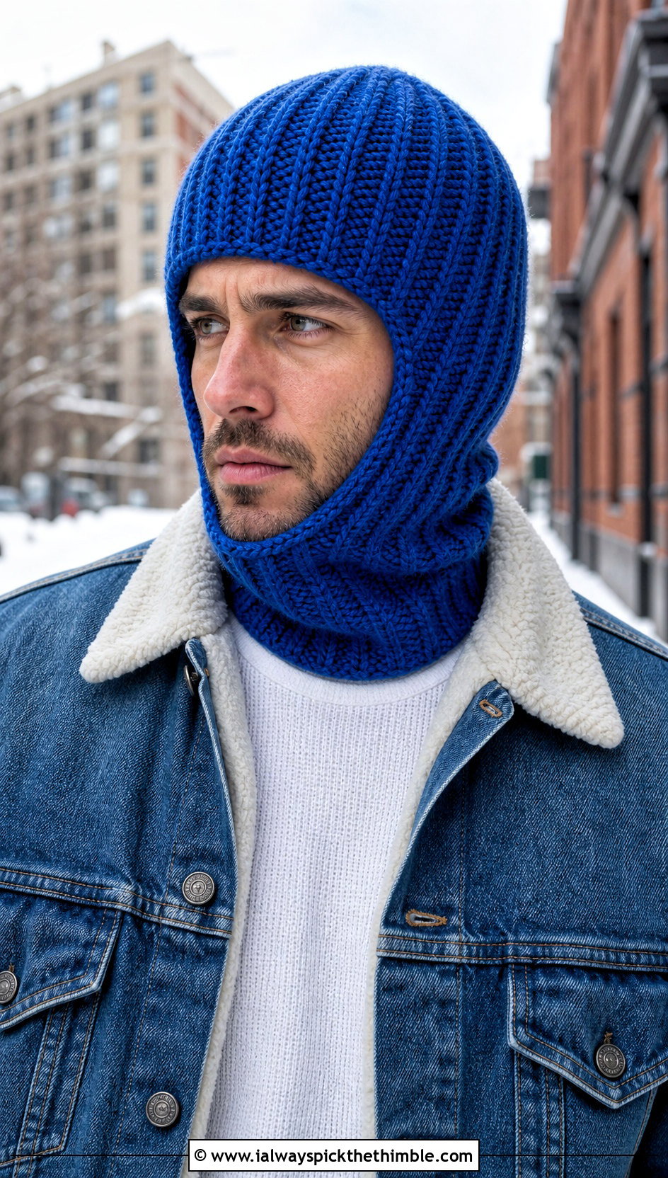 Ribbed Open Face Crochet Balaclava With Denim Jacket - 20 crochet balaclava for men outfit ideas