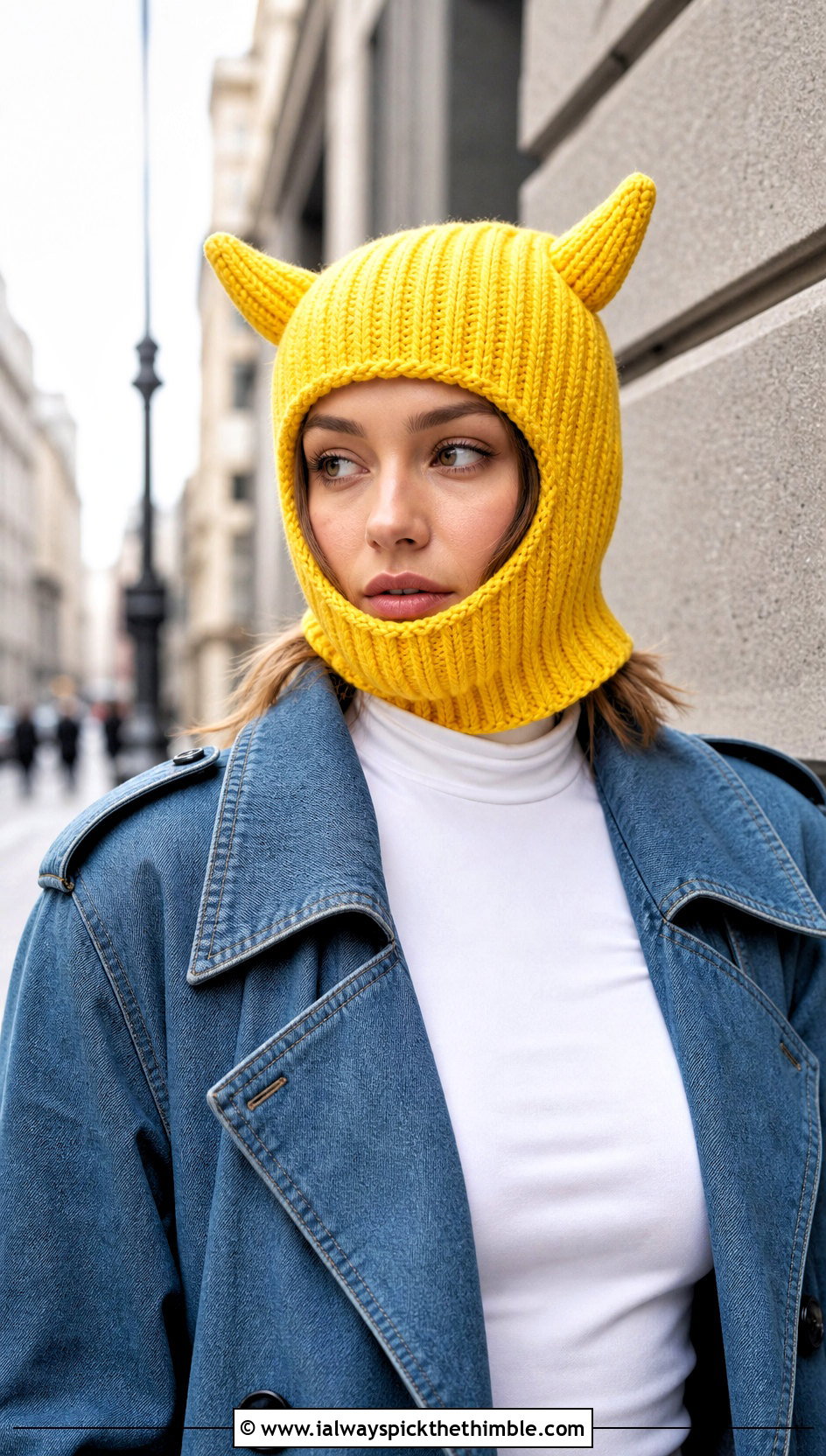 Ribbed Open Face Crochet Devil Horn Balaclava With Denim Trench - 20 crochet devil horn balaclava outfit ideas