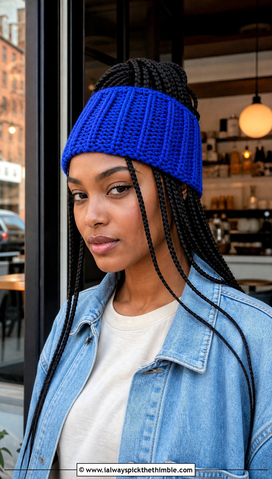Ribbed Open Top Crochet Tube Hat With Denim Chore Jacket - 20 Crochet Tube Hat outfit ideas