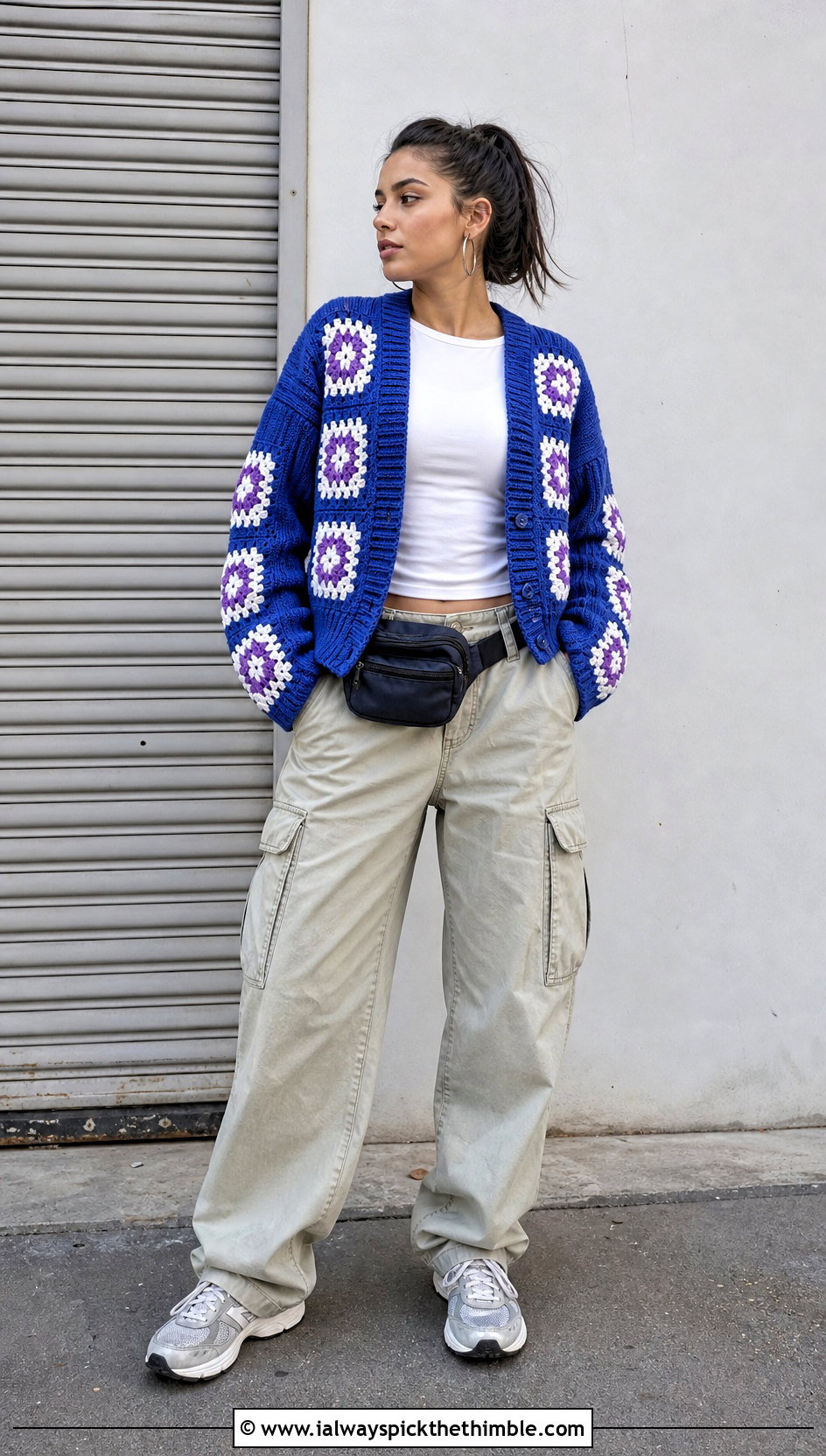 Ribbed Patchwork Granny Square Cardigan With Cargo Pants - 15 Everyday Granny Square Cardigan outfit ideas
