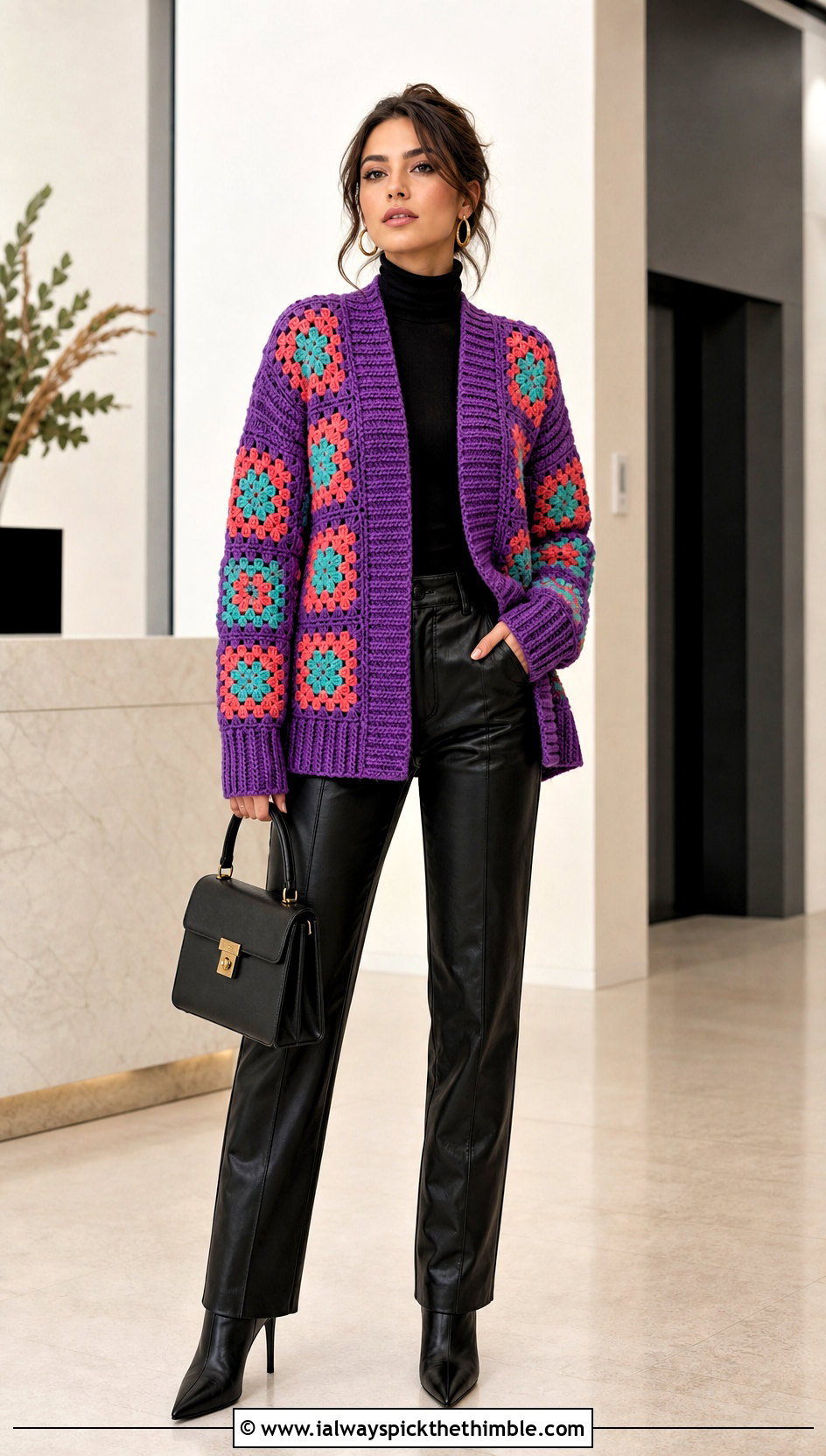 Ribbed Patchwork Granny Square Cardigan With Leather Pants - 20 crochet granny squares cardigan outfit ideas