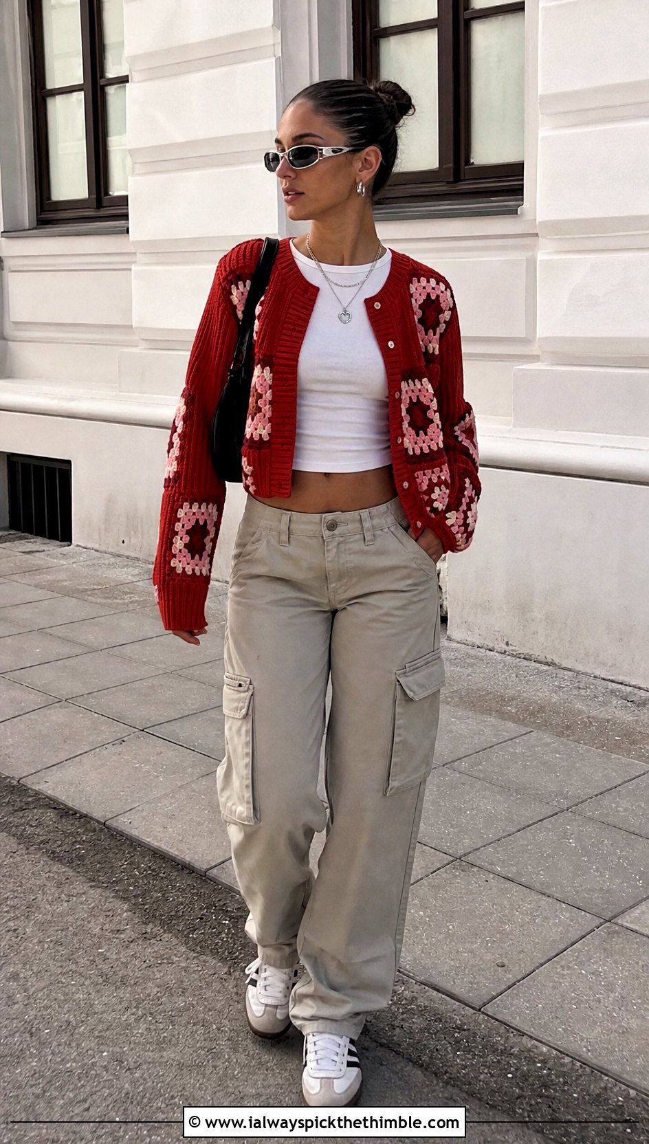 Ribbed Patchwork Granny Square Summer Cardigan With Cargo Pants - 20 granny square summer cardigan outfit ideas