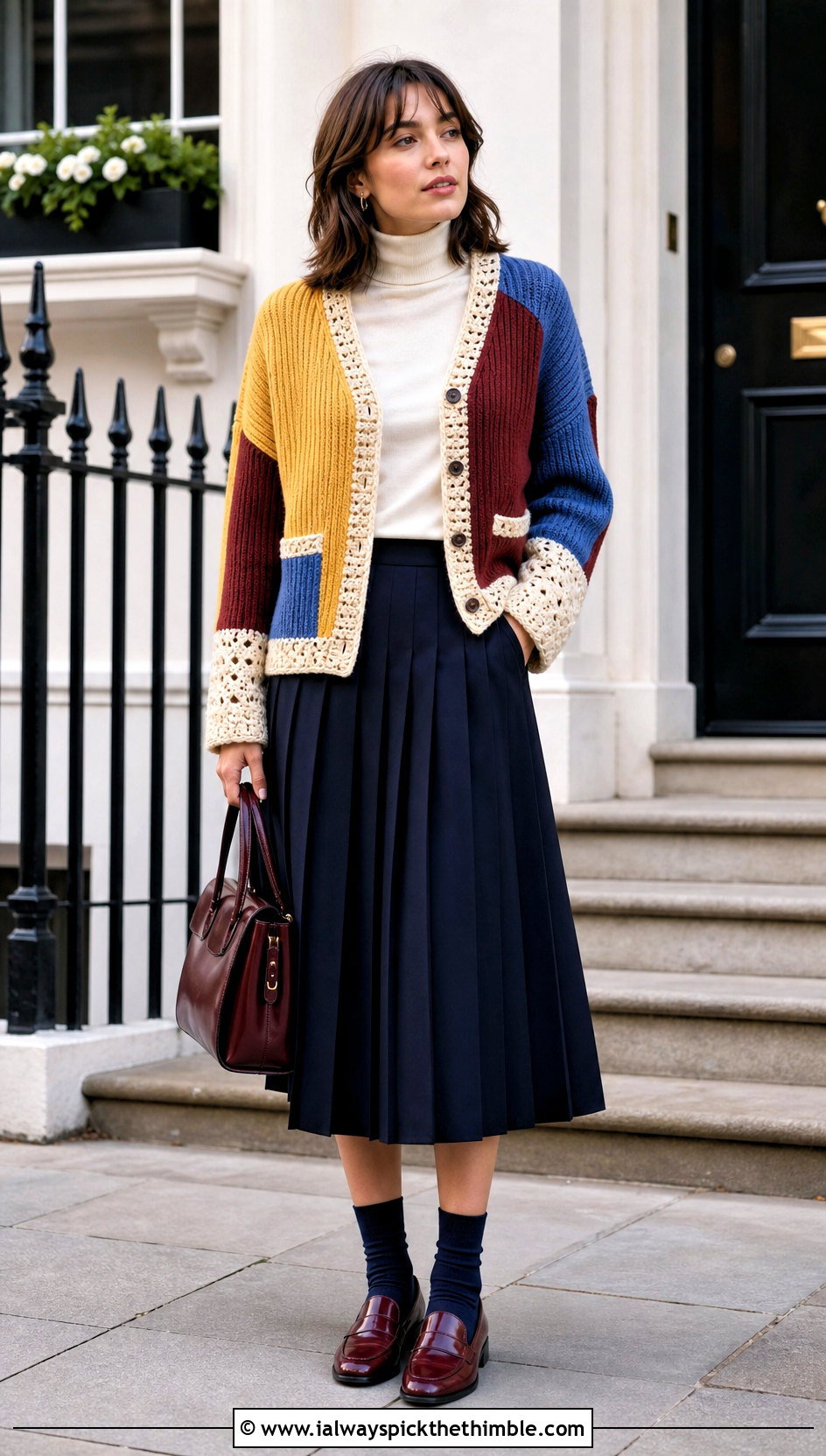 Ribbed Patchwork Harry Styles Cardigan With Pleated Midi Skirt - 15 Crocheting Harry Styles Cardigan outfit ideas