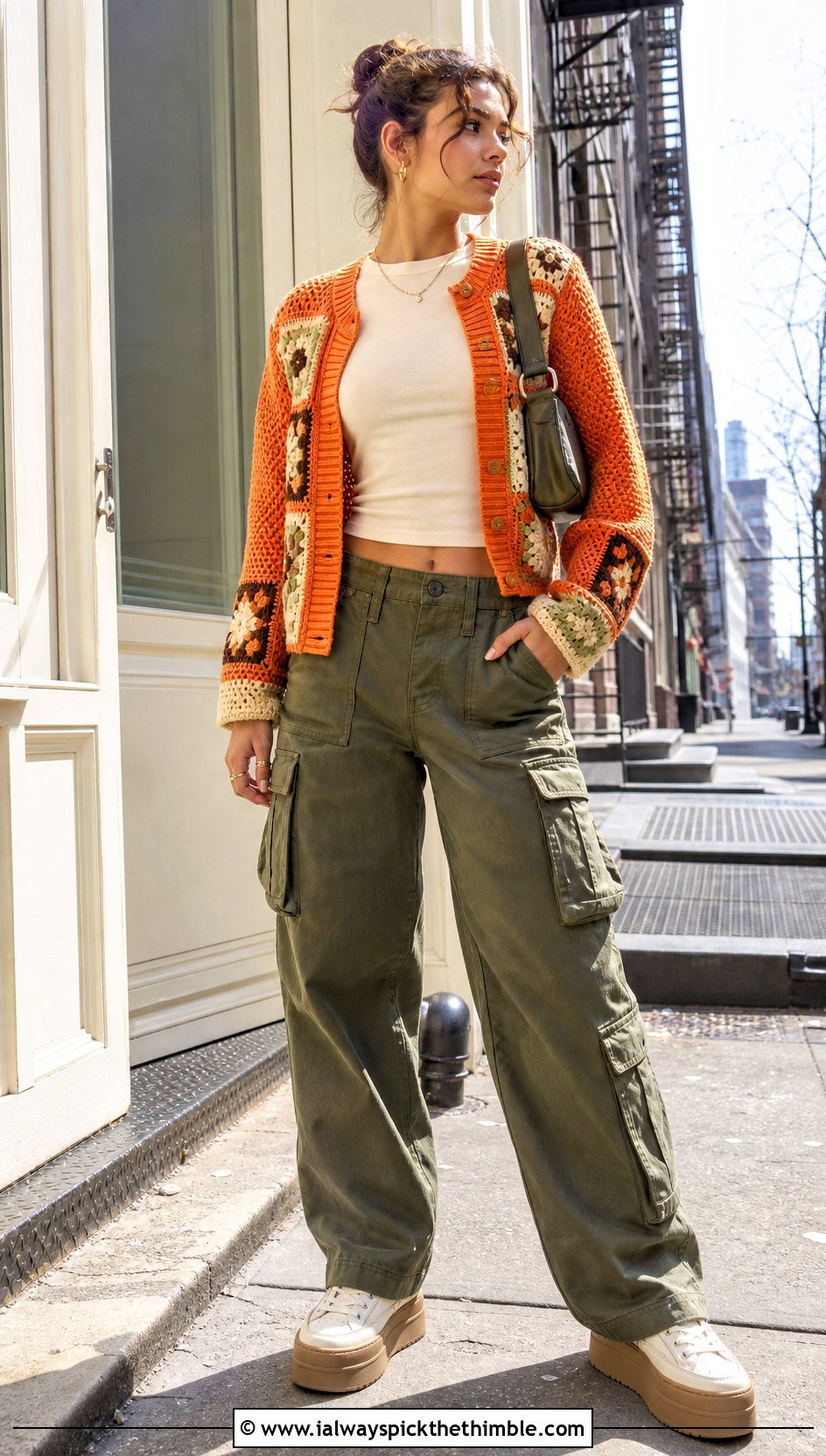 Ribbed Patchwork Square Cardigan With Cargo Pants - 20 Crochet Cardigan From Square outfit ideas