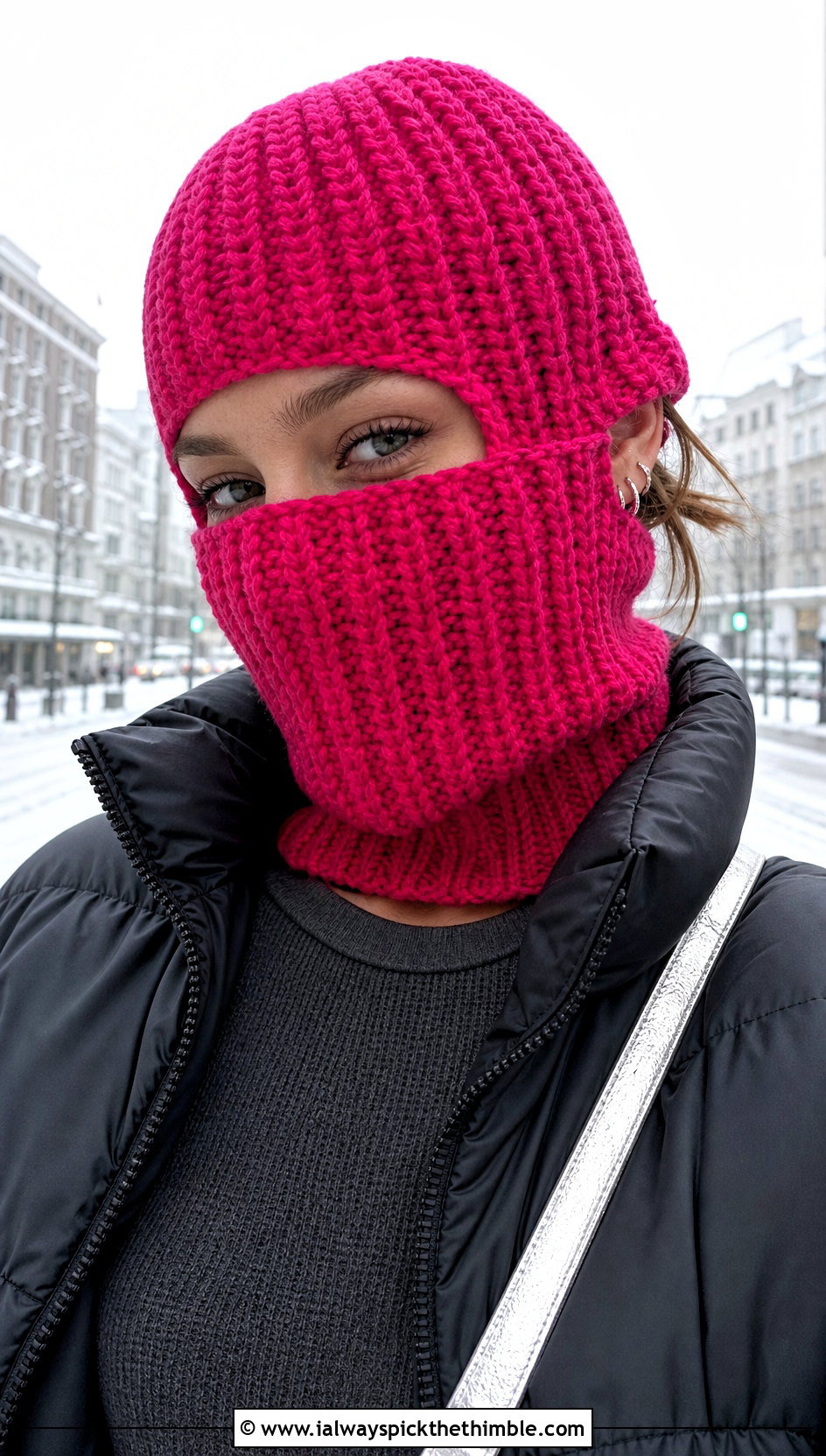 Ribbed Pink Crochet Balaclava With Black Puffer Jacket - 20 Pink Crochet Balaclava outfit ideas