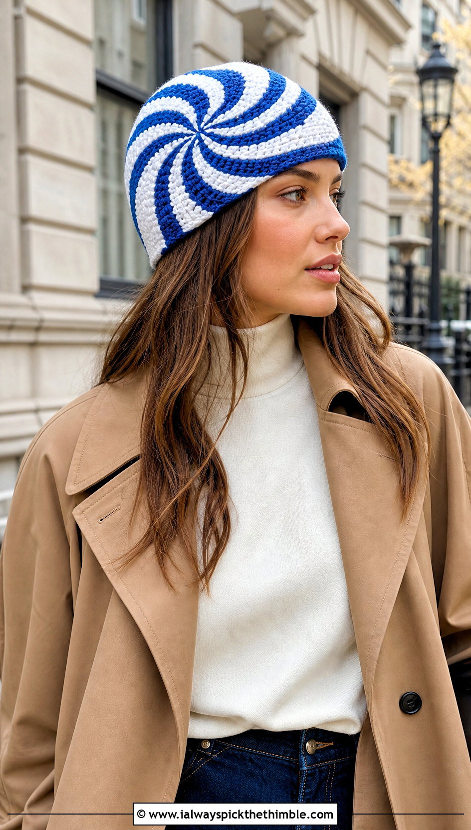 Ribbed Pinwheel Crochet Swirl Beanie With Trench Coat And Jeans - 15 crochet swirl beanie outfit ideas