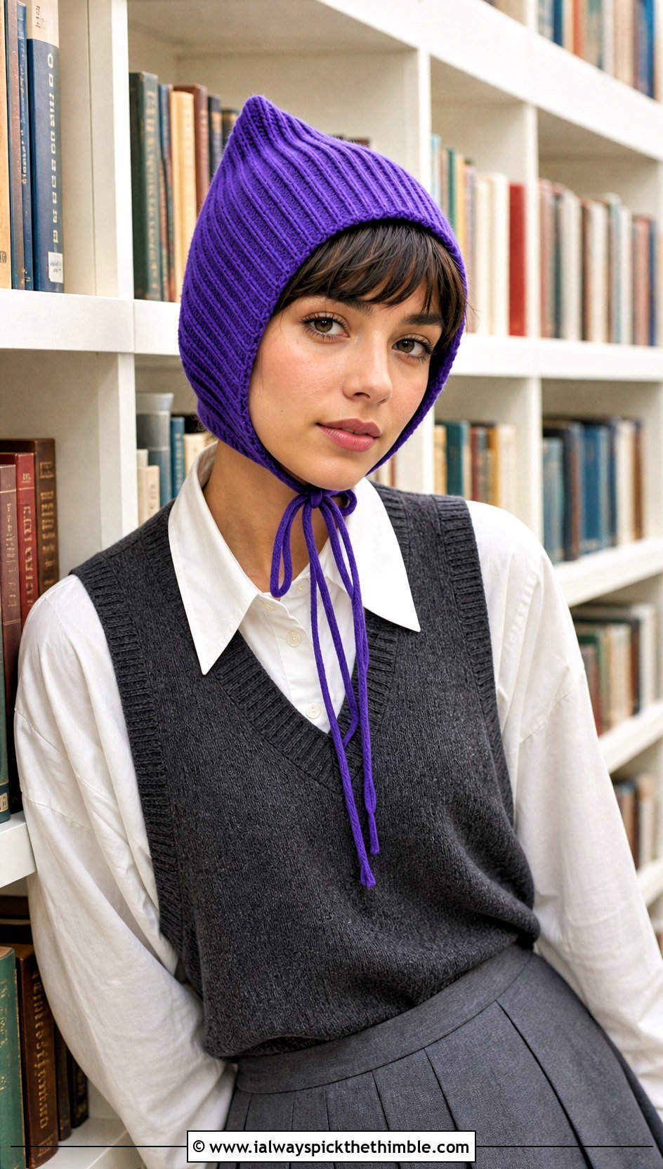 Ribbed Pixie Bonnet With Sweater Vest - 25 crochet bonnet outfit ideas