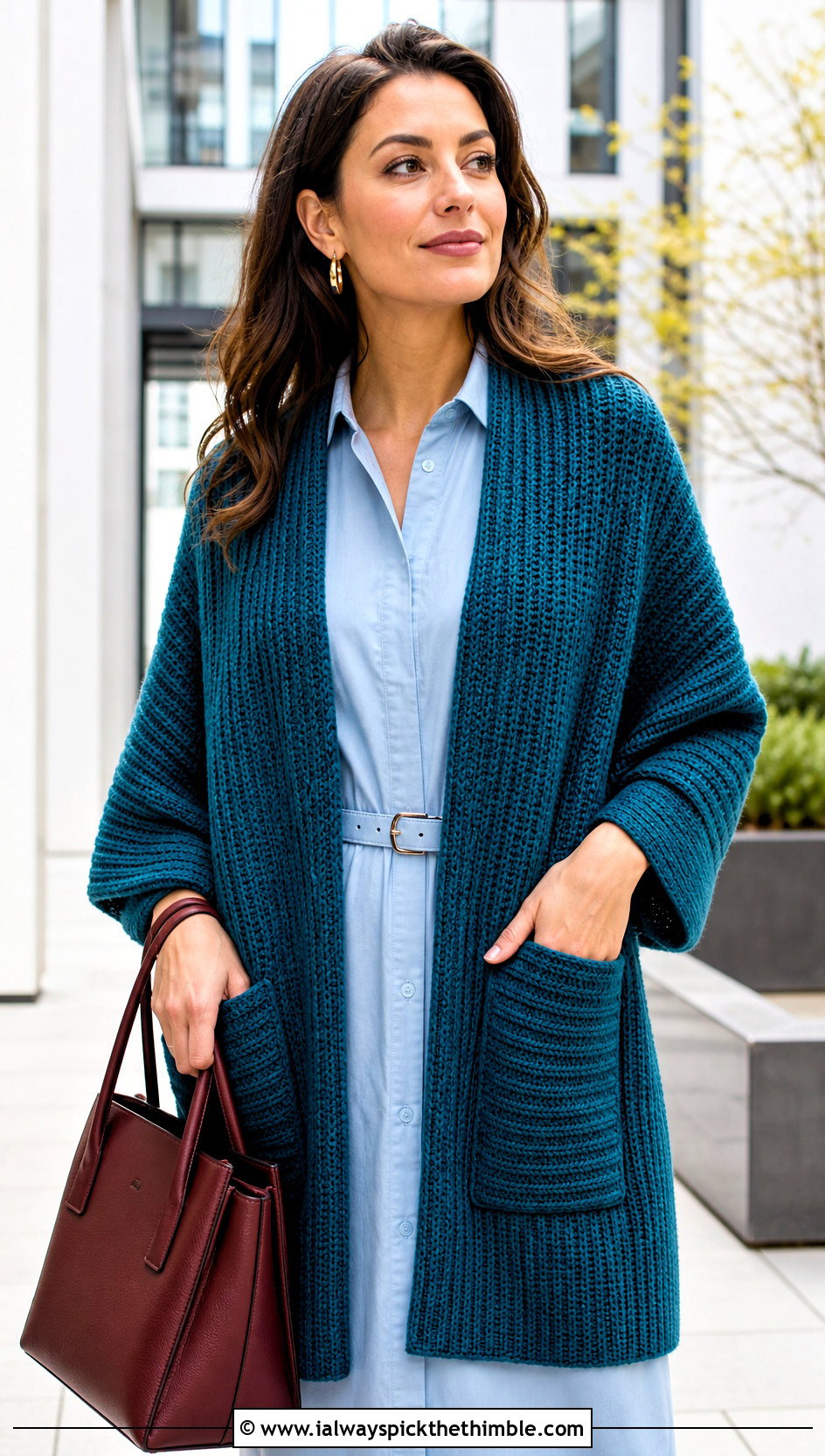 Ribbed Pocket Crochet Shawl With Shirt Dress - 15 Pocket Crochet Shawl outfit ideas