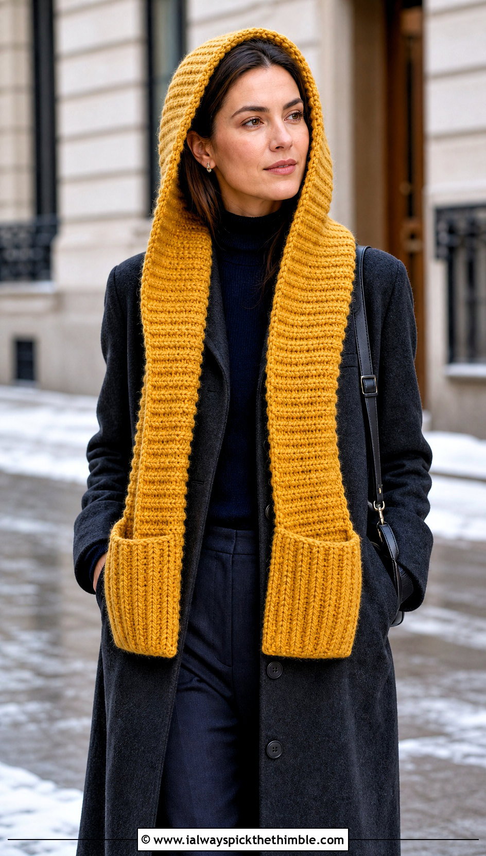 Ribbed Pocket Woodland Hooded Crochet Scarf With Wool Coat - 15 Woodland Hooded Crochet Scarf outfit ideas