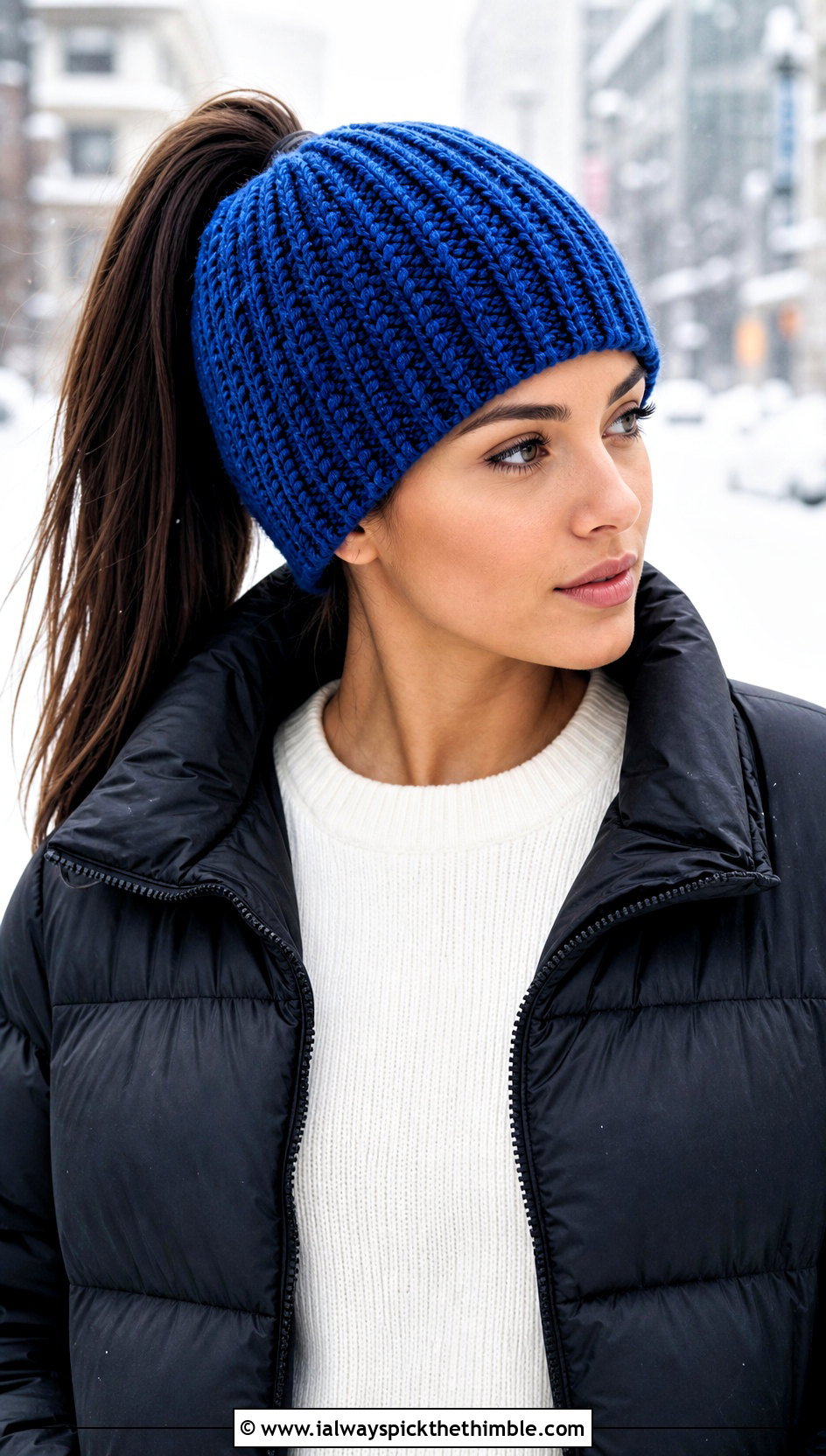 Ribbed Ponytail Crochet Hat With Puffer Jacket - 20 ponytail crochet hat outfit ideas