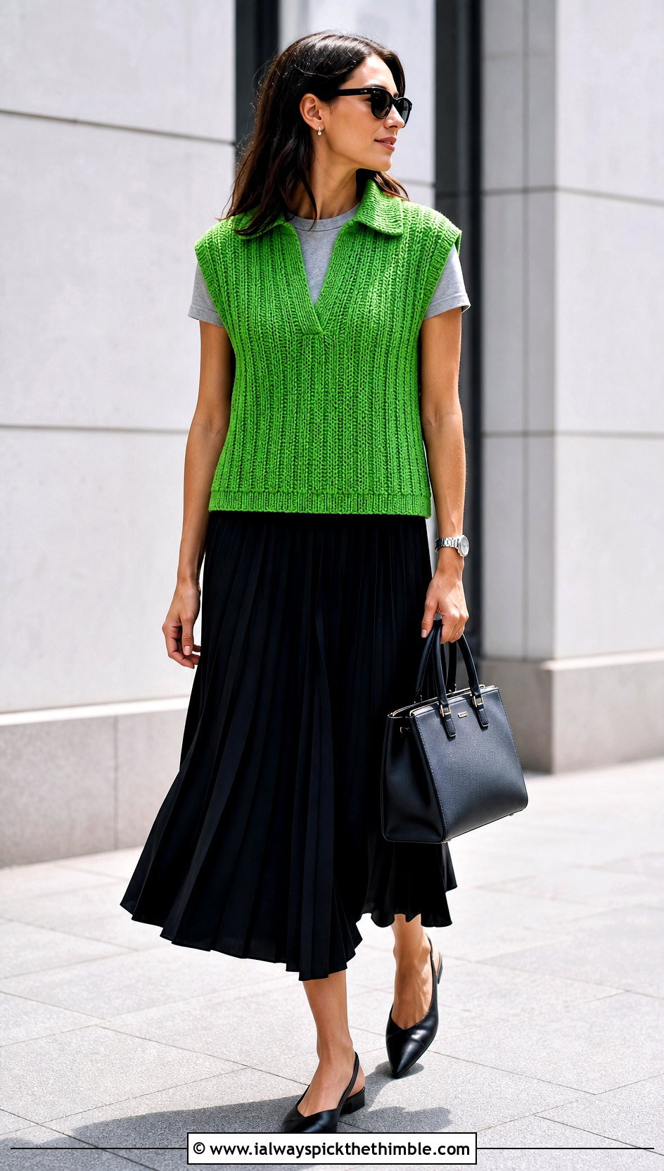 Ribbed Popover Crochet Vest With Pleated Midi Skirt - 25 crochet sleeveless vest outfit ideas
