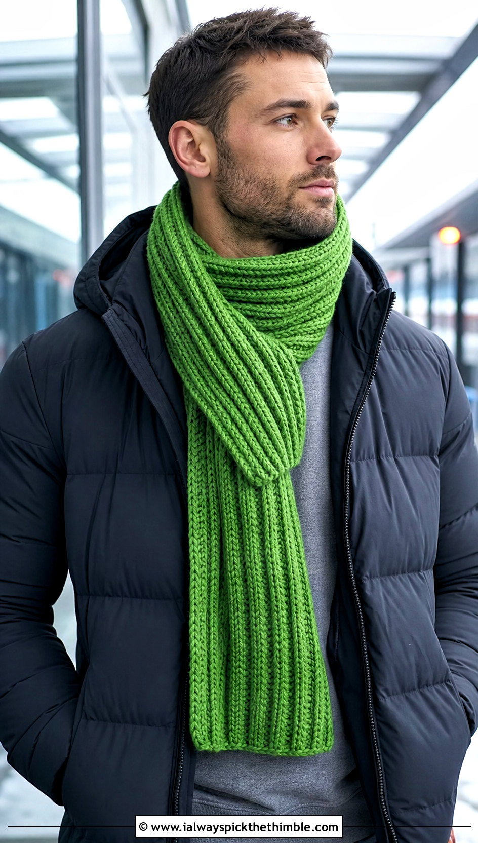 Ribbed Post Stitch Crochet Scarf With Puffer Jacket - 15 crochet stitch for mens scarf outfit ideas