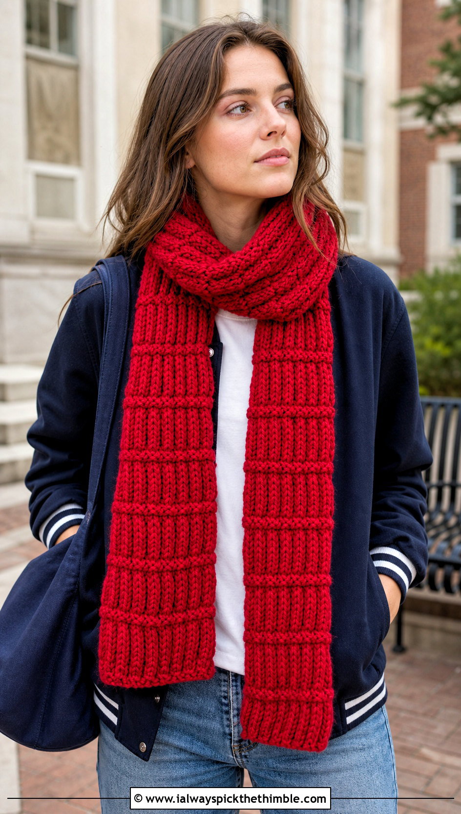 Ribbed Puff Scarf With Varsity Jacket - 15 Playful Puffs Crochet Scarf outfit ideas