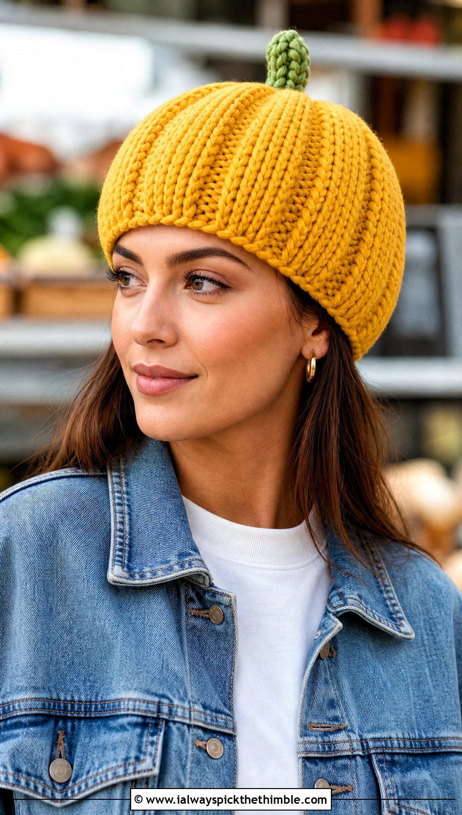 Ribbed Pumpkin Beanie With Denim Jacket - 25 crochet pumpkin hat outfit ideas