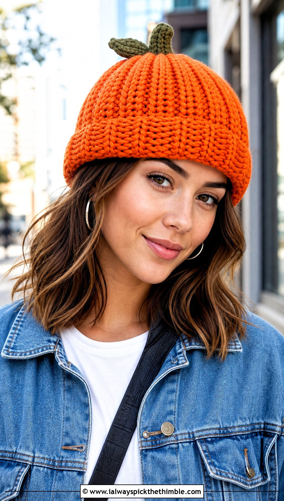 Ribbed Pumpkin Beanie With Denim Jacket - 15 Crocheted Pumpkin Hat outfit ideas