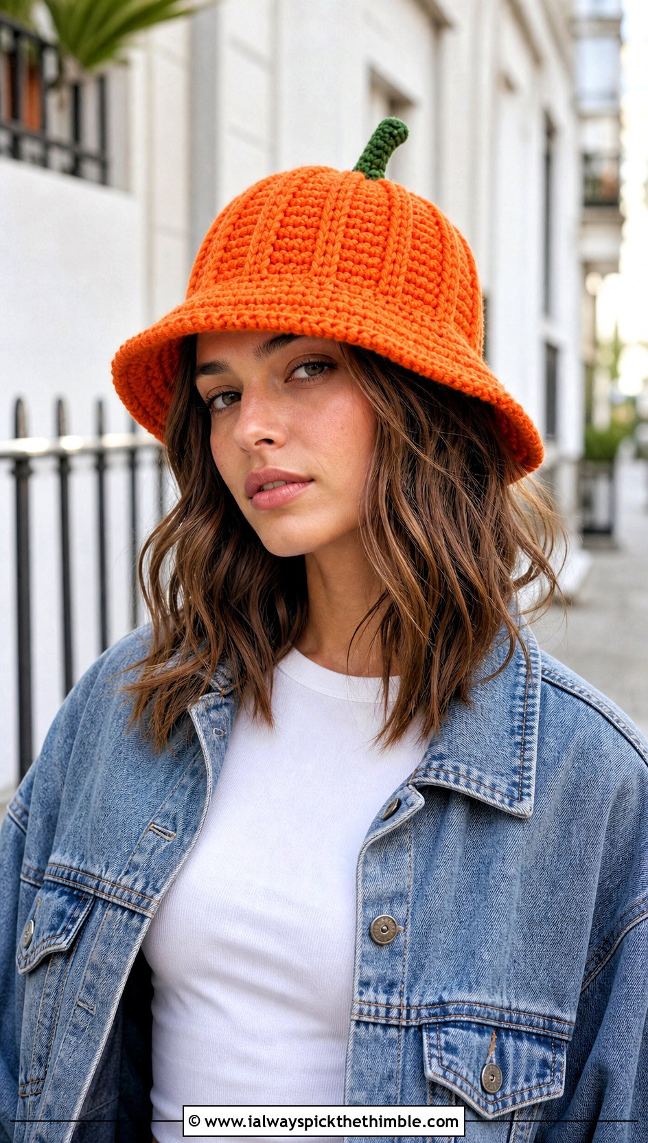 Ribbed Pumpkin Bucket Hat With Denim Jacket And Jeans - 20 crochet pumpkin bucket hat outfit ideas