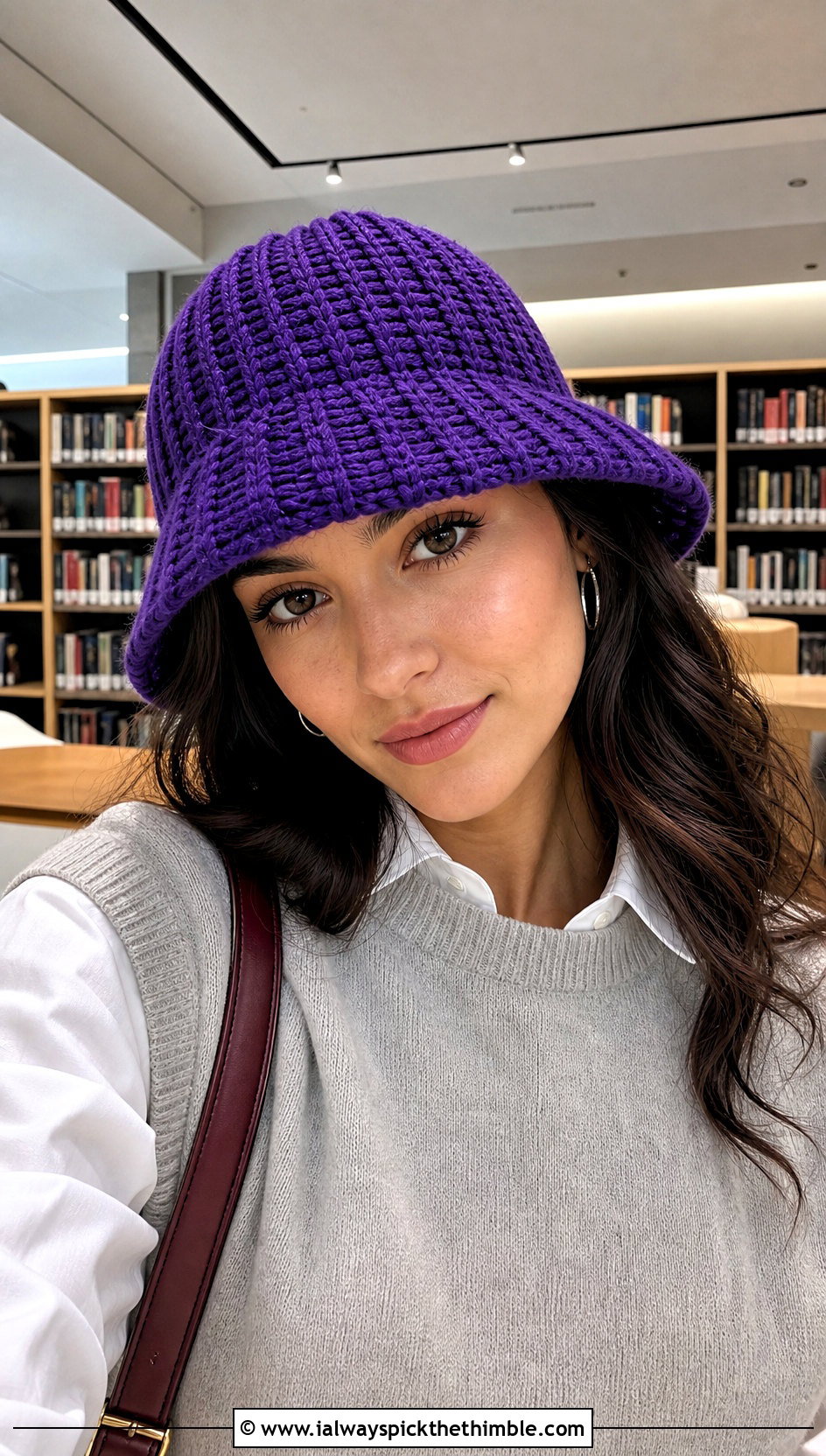 Ribbed Purple Crochet Bucket Hat With Sweater Vest - 20 purple crochet bucket hat outfit ideas