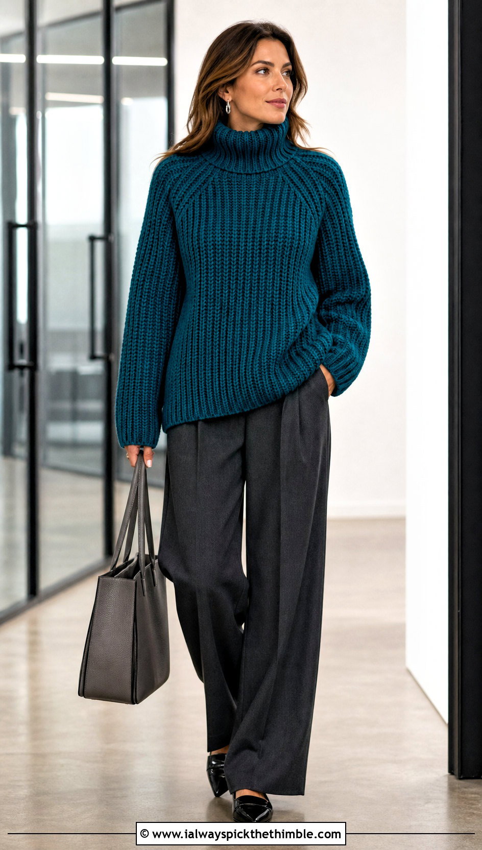 Ribbed Raglan Oversized Turtleneck Crochet Sweater With Tailored Trousers - 15 oversized turtleneck crochet sweater outfit ideas