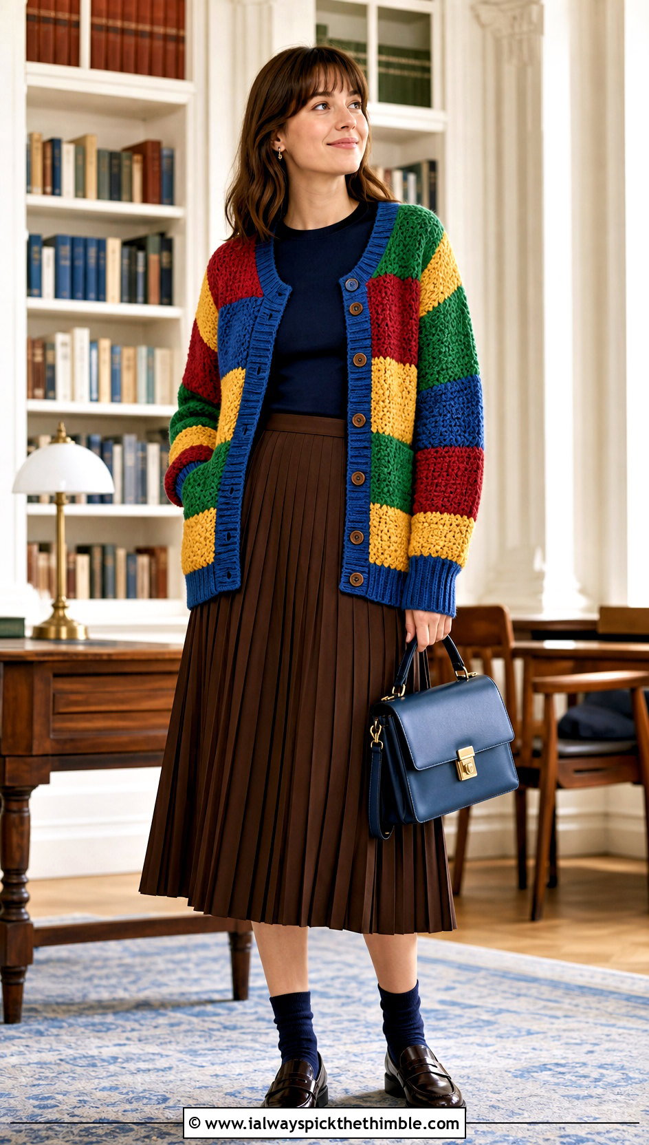 Ribbed Rainbow Patchwork Crochet Cardigan With Pleated Skirt - 20 Rainbow Crochet Cardigan outfit ideas