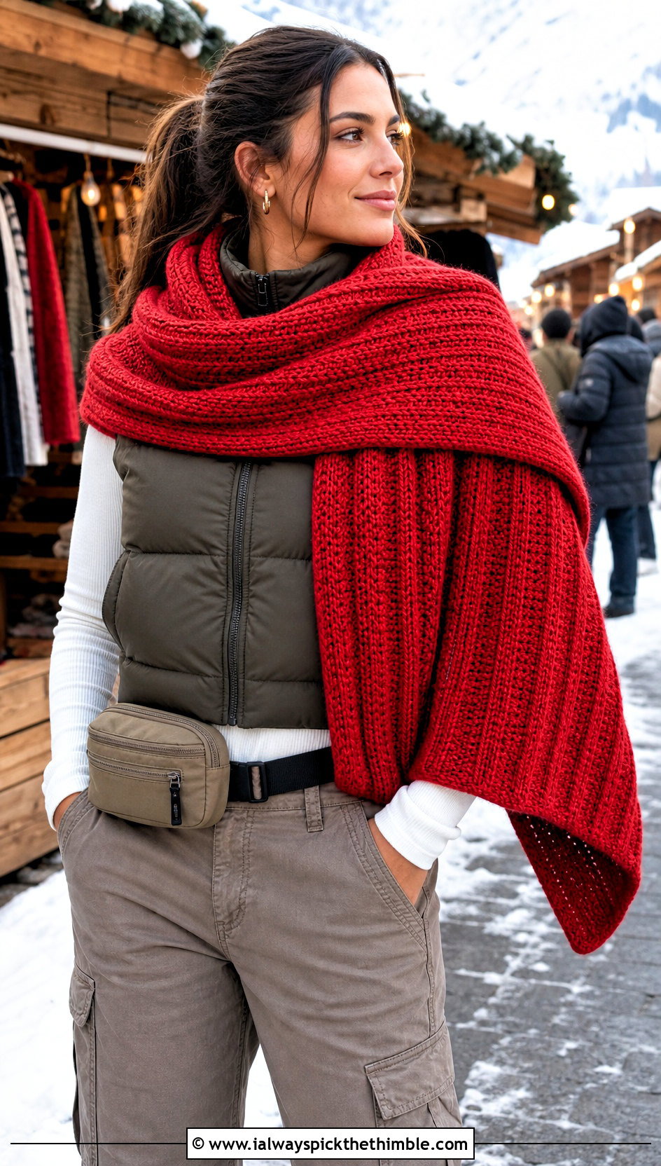 Ribbed Rectangle Crochet Shawl With Puffer Vest - 20 Easy Crochet Rectangle Shawl outfit ideas