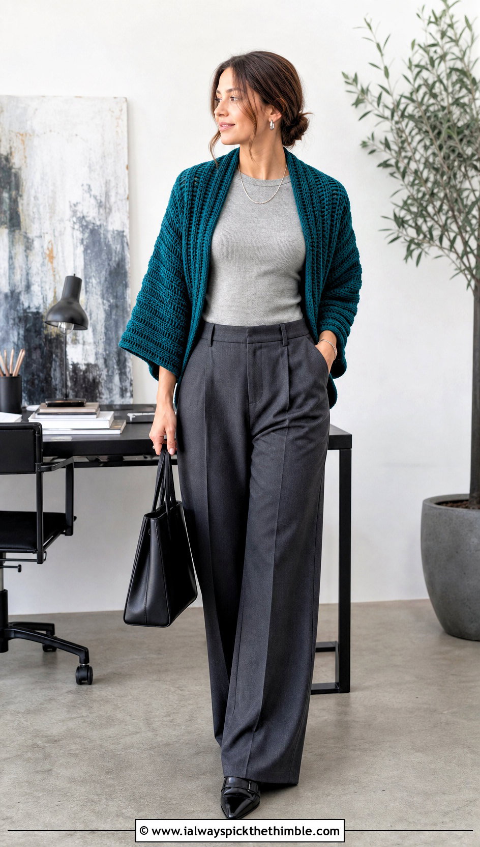 Ribbed Rectangle Crochet Shrug With Tailored Trousers - 20 Rectangle Crochet Shrug outfit ideas