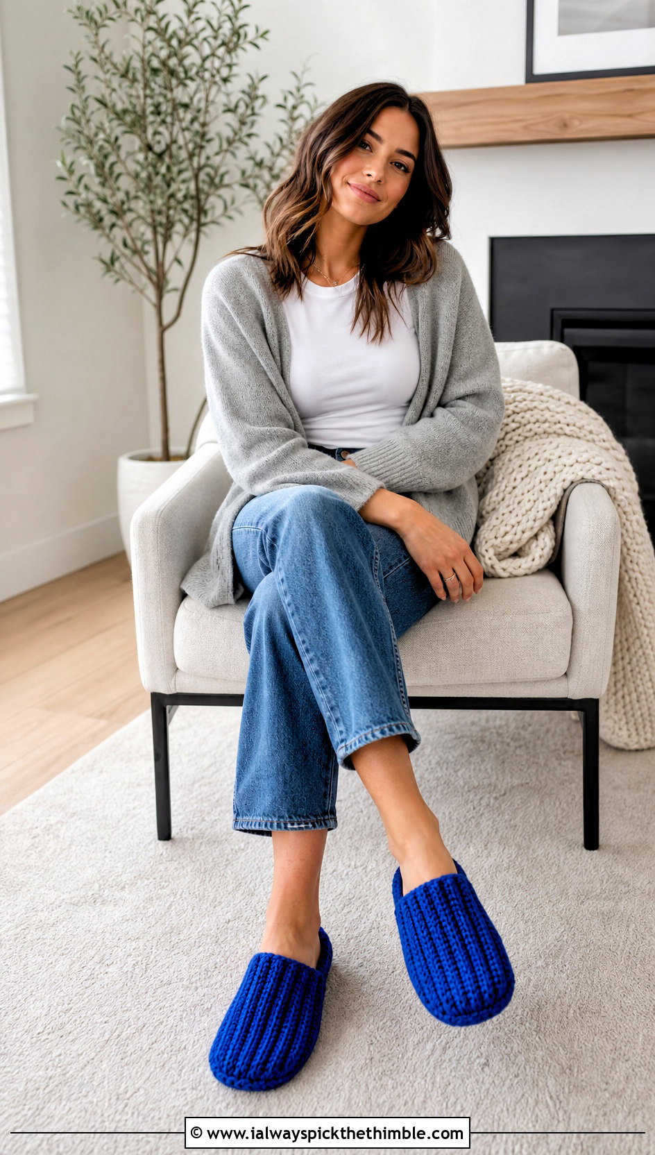 Ribbed Rectangle Crochet Slippers With Jeans And Cardigan - 15 Crochet Slipper From Rectangle outfit ideas
