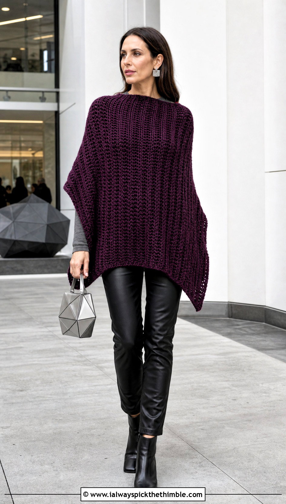 Ribbed Rectangle Poncho With Leather Pants - 20 crochet rectangle poncho outfit ideas