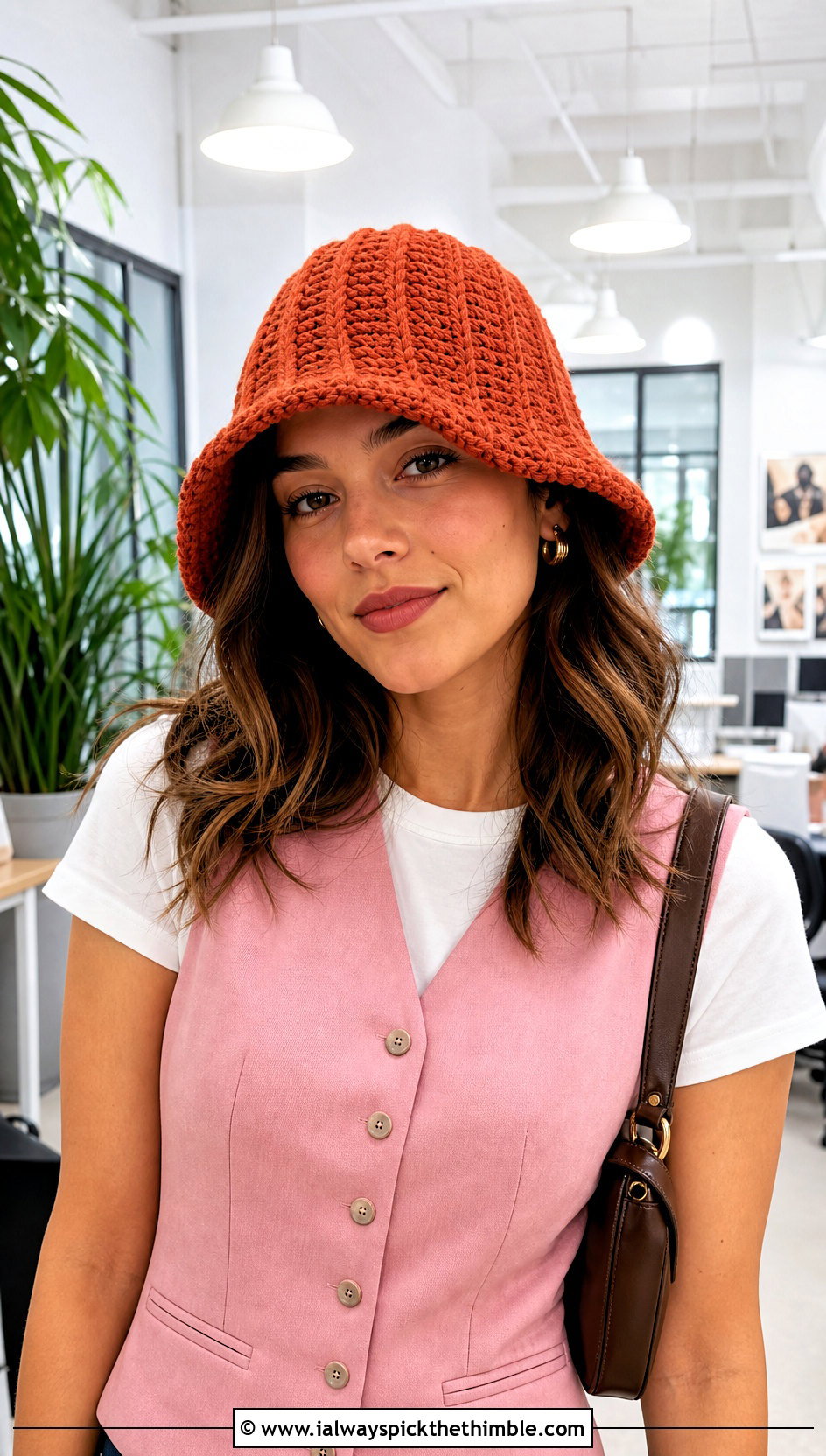 Ribbed Red Crochet Bucket Hat With Tailored Vest And Jeans - 20 red crochet bucket hat outfit ideas