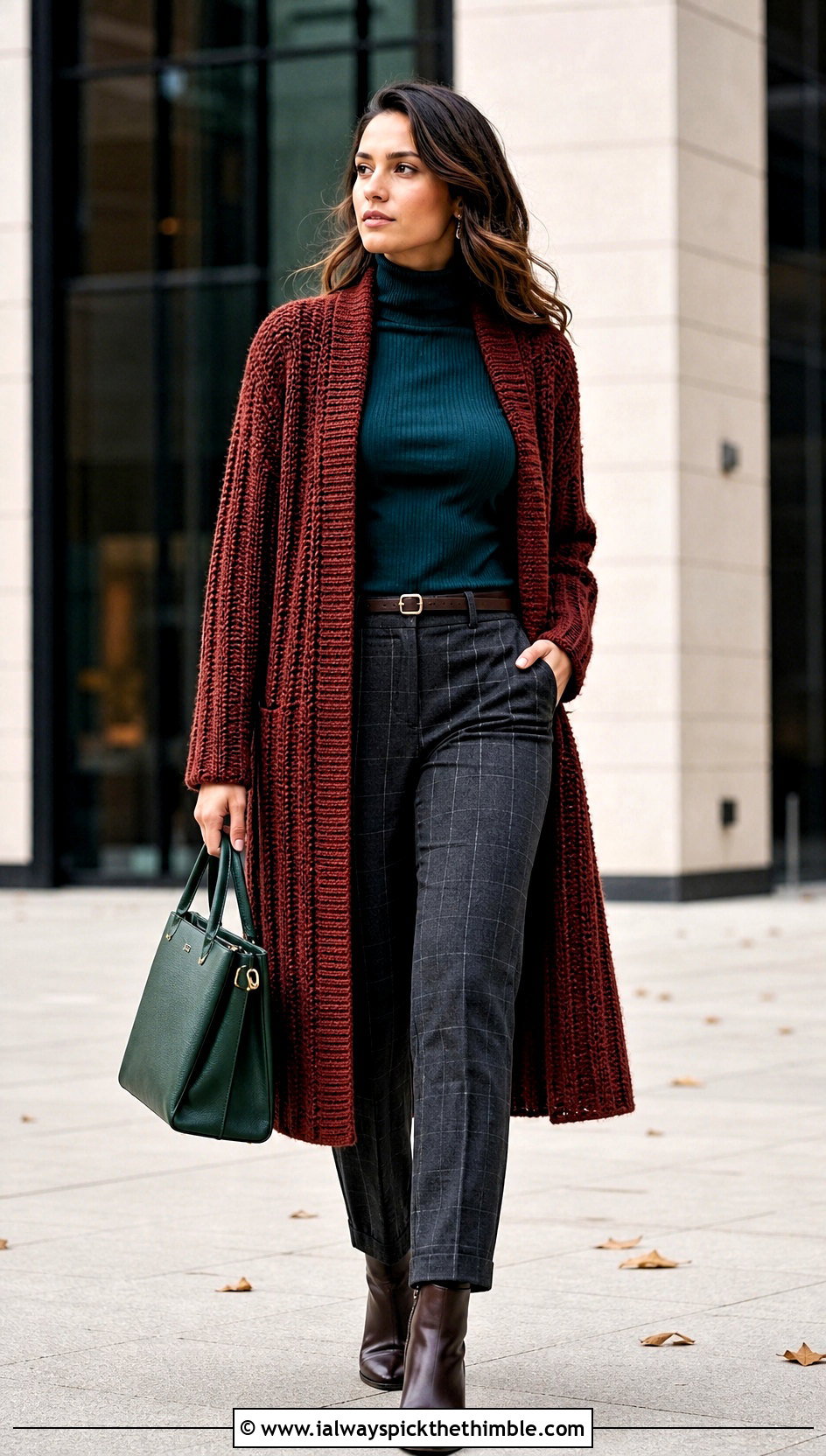 Ribbed Rust Crochet Coatigan With Plaid Trousers - 15 rust-colored crochet cardigan outfit ideas