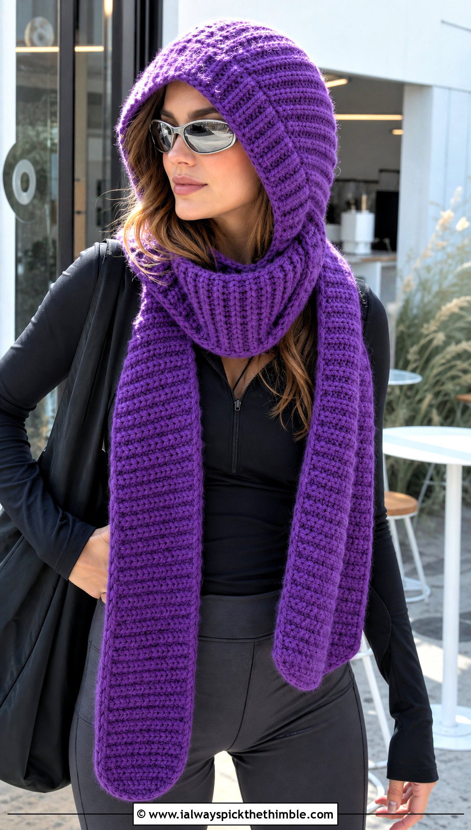 Ribbed Scoodie Crochet Hooded Shawl With Leggings - 25 crochet hooded shawl outfit ideas