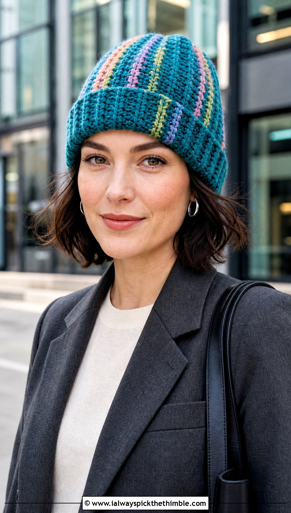 Ribbed Scrap Crochet Beanie With Blazer And Trousers - 25 crochet scrap beanie outfit ideas