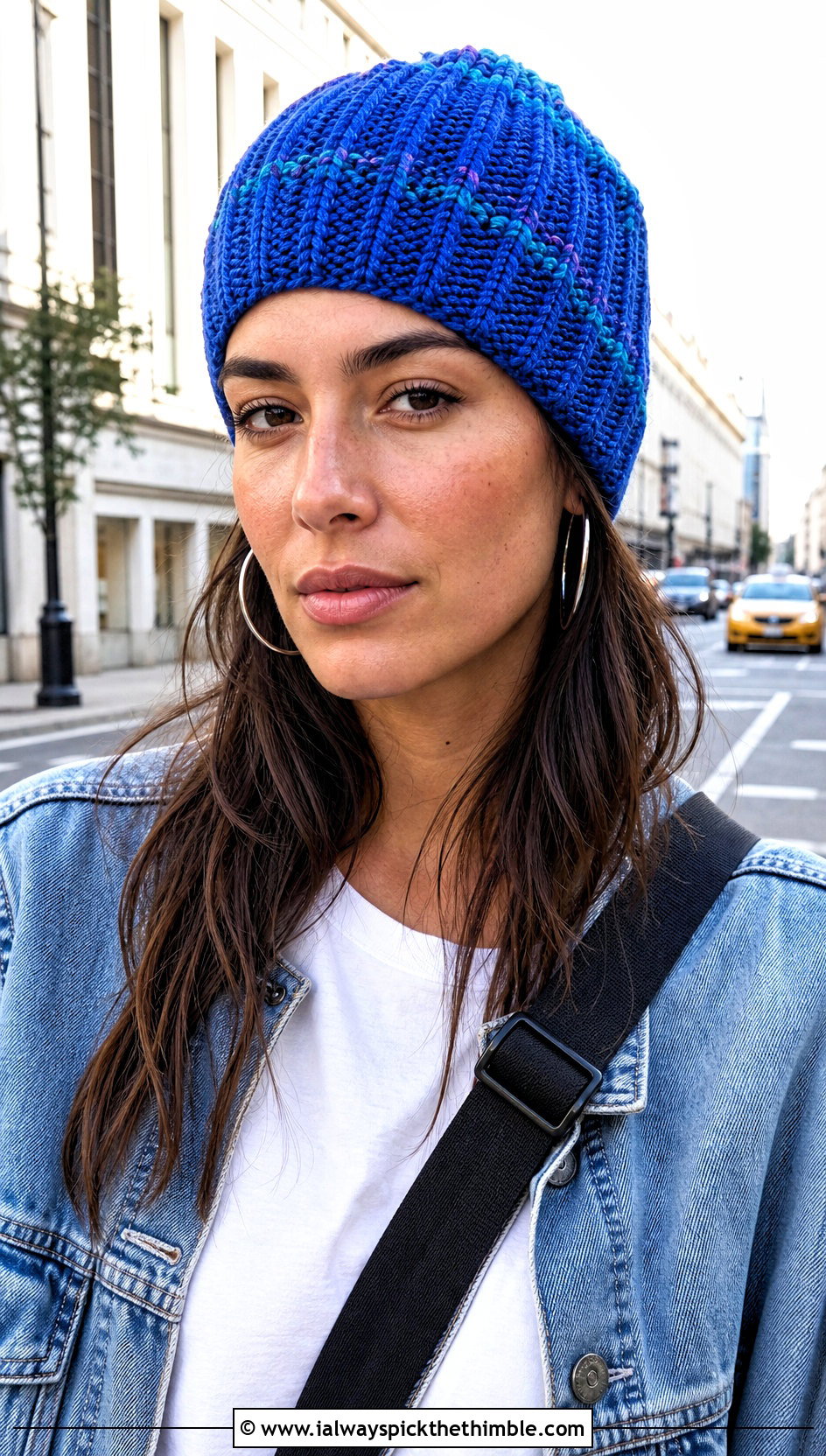 Ribbed Scrap Yarn Crochet Beanie With Denim Jacket - 20 scrap yarn crochet beanie outfit ideas